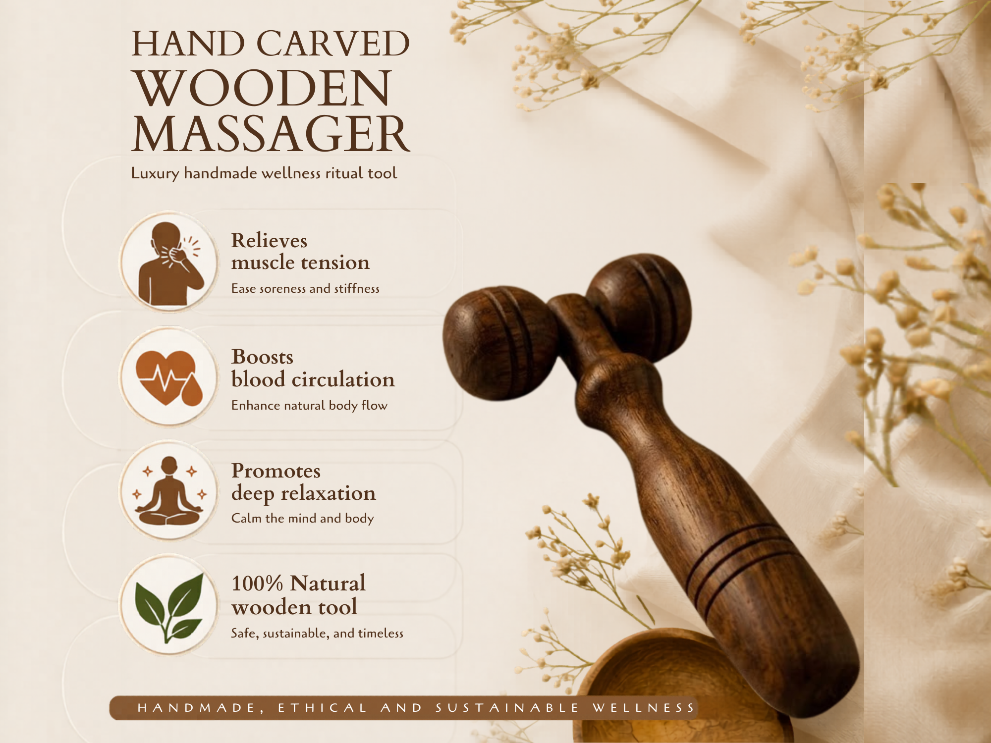Hand carved wooden massager for muscle tension, blood circulation, deep relaxation, and natural wellness. Best benefit slide for Etsy buyers comparing wellness tools.