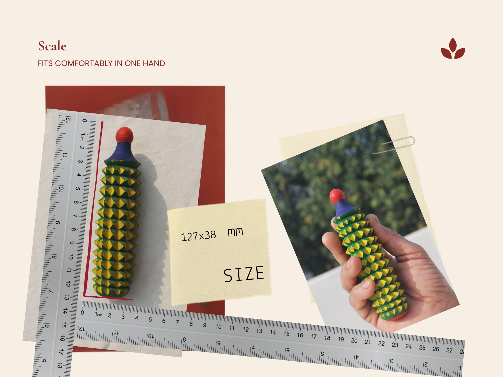 Size guide for handmade porcupine acupressure roller showing 127 by 38 mm measurement and handheld scale.