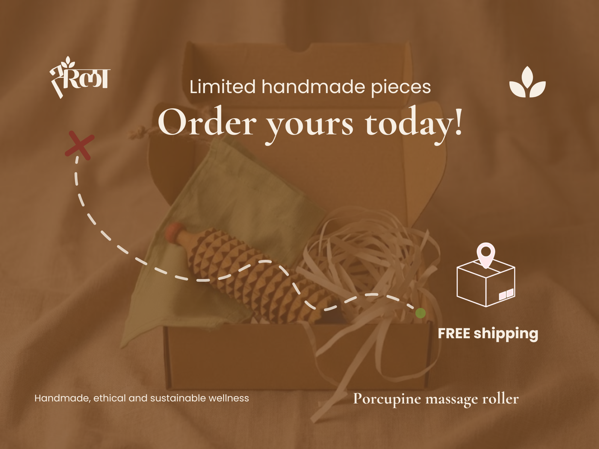 Porcupine massage roller in gift packaging with free shipping message for handmade wellness gifting.