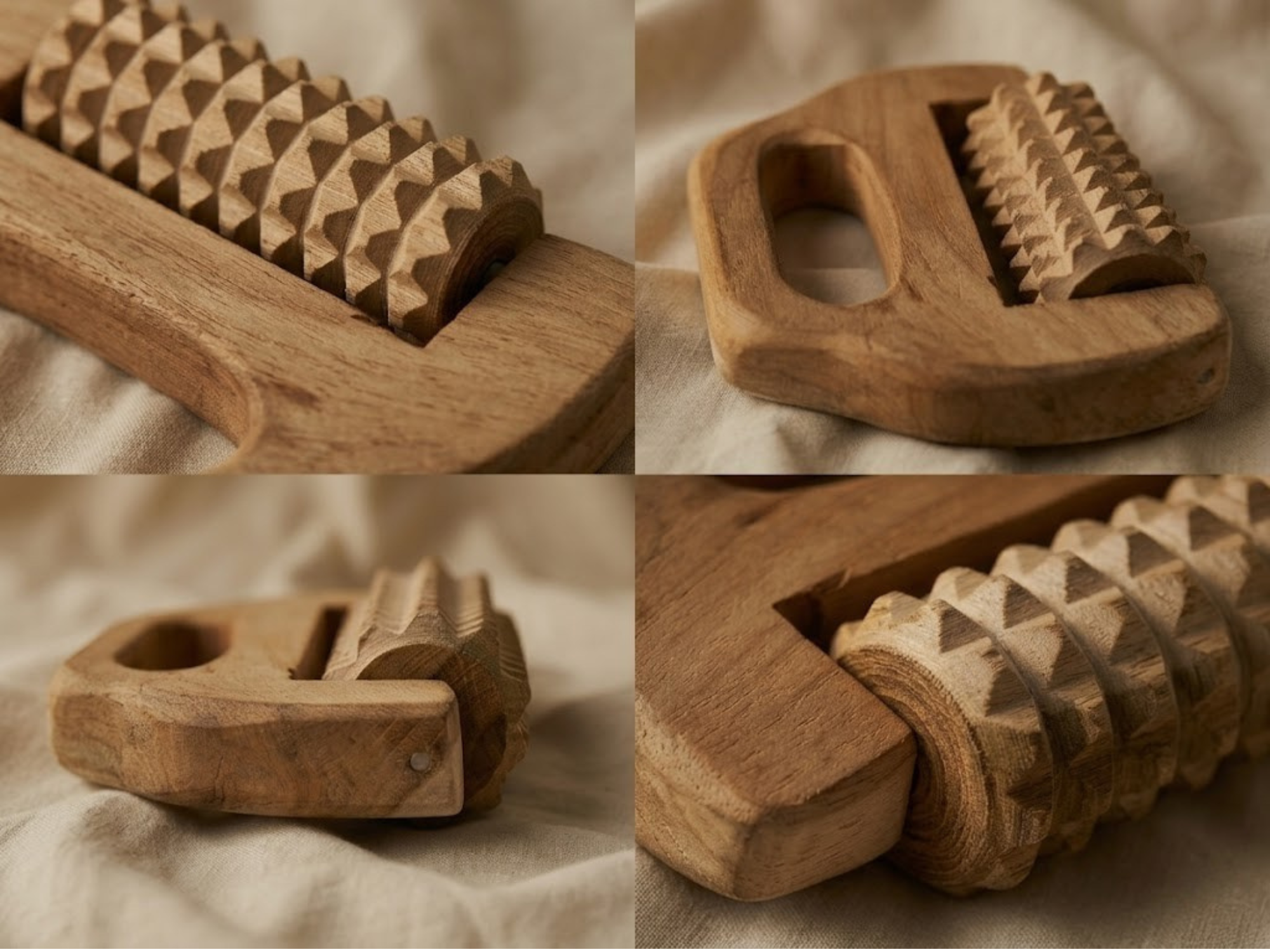 Close-up of handmade wooden acupressure roller with textured spikes and natural wood grain finish. Detailed close-up showing carved acupressure texture and natural handcrafted wood grain.