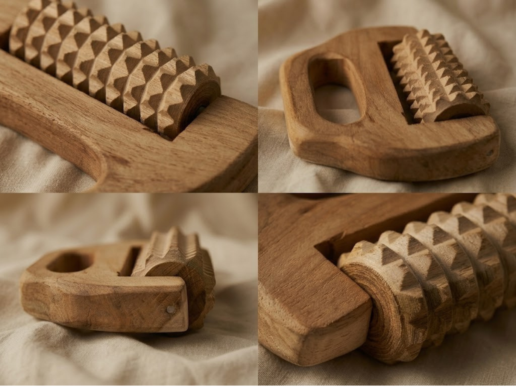 Close-up collage of textured wooden roller teeth and handle on a handmade cellulite massage tool