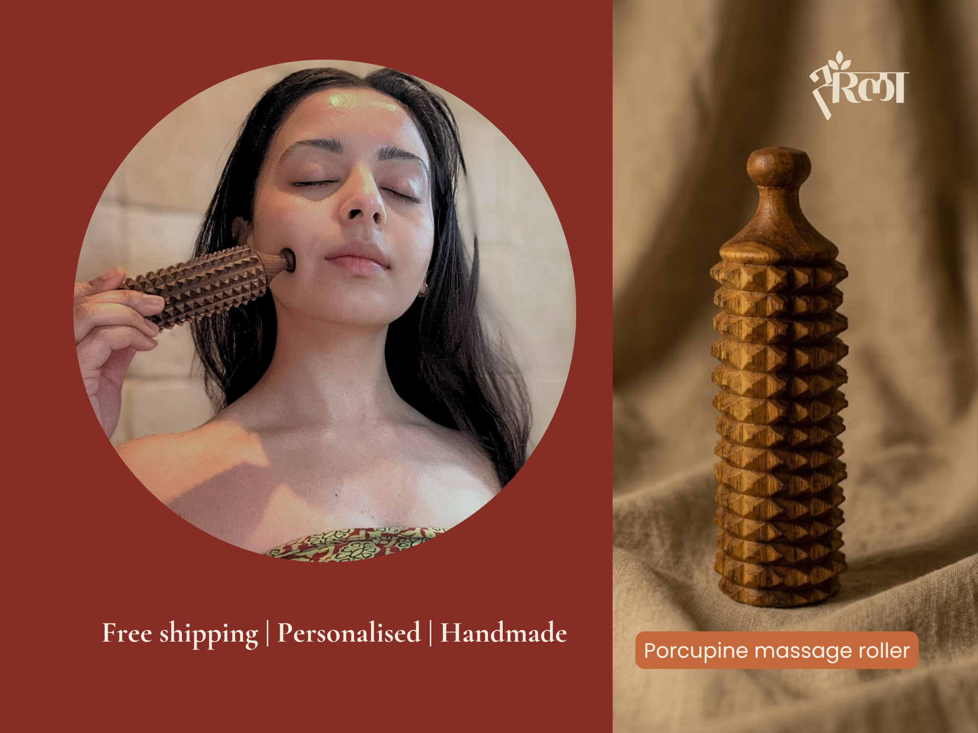 Model using a handmade wooden porcupine massage roller for gentle facial massage and daily self care.