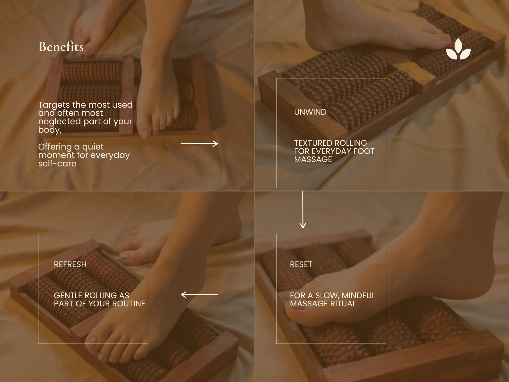 Wooden foot reflexology board shown with feet using textured wooden rollers for foot massage and relaxation.