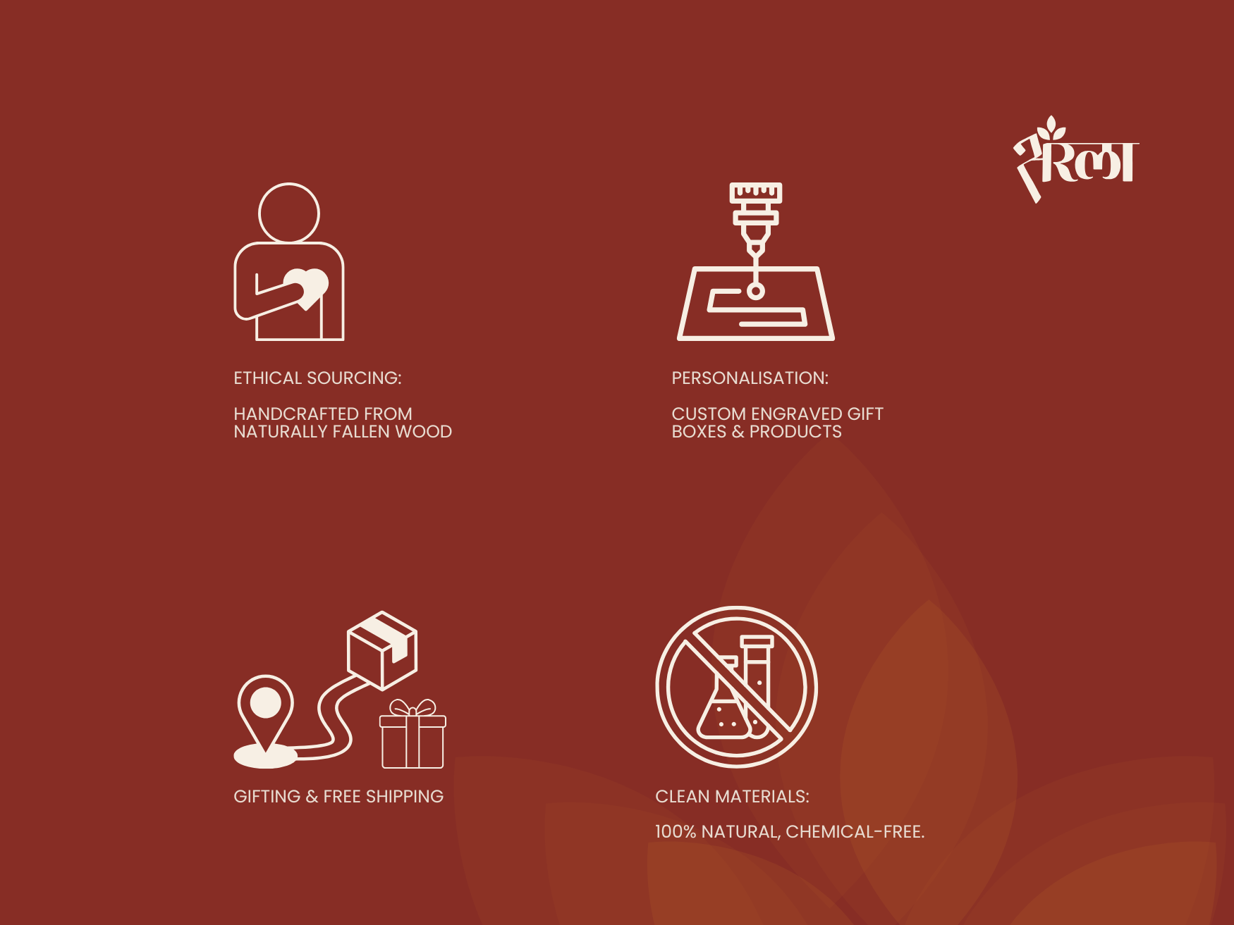 Feature graphic showing ethical sourcing, personalisation, clean materials, gifting and free shipping for wooden massage tool
