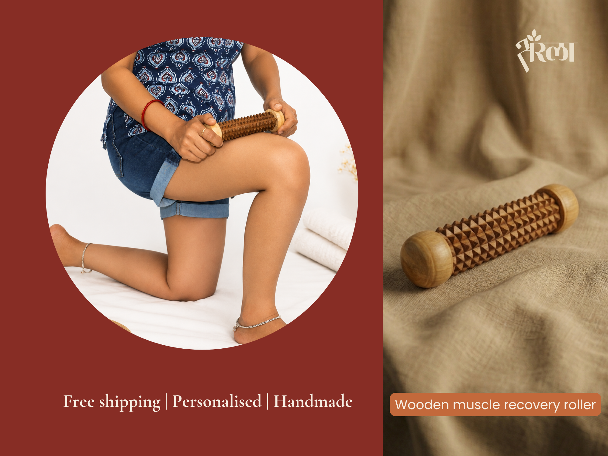 Model using handmade wooden muscle recovery roller on thigh for natural soreness and stiffness relief. Lifestyle slide showing real use of the wooden roller for thigh massage and body recovery.