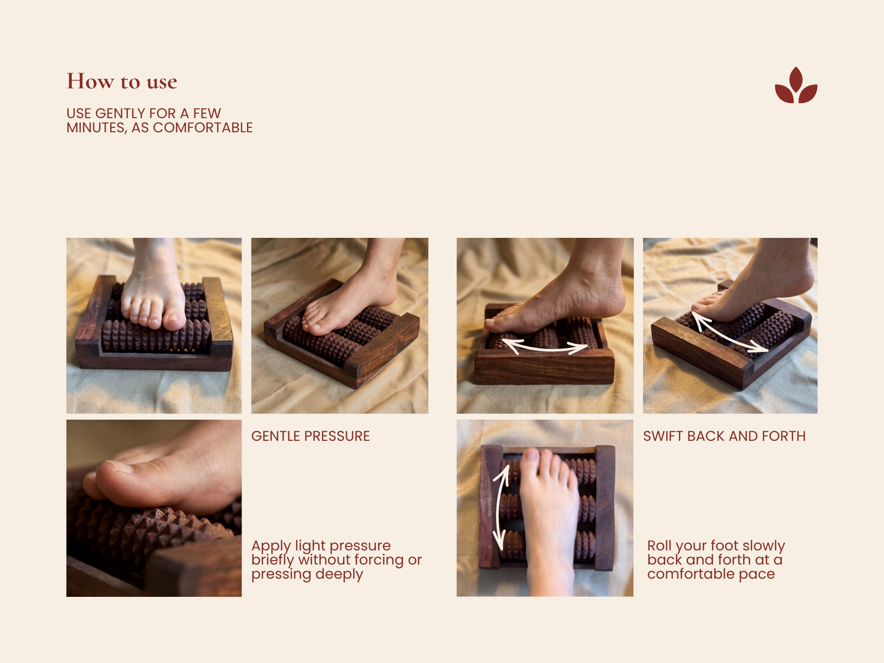 How to use handmade wooden foot reflexology roller with gentle pressure and rolling motion