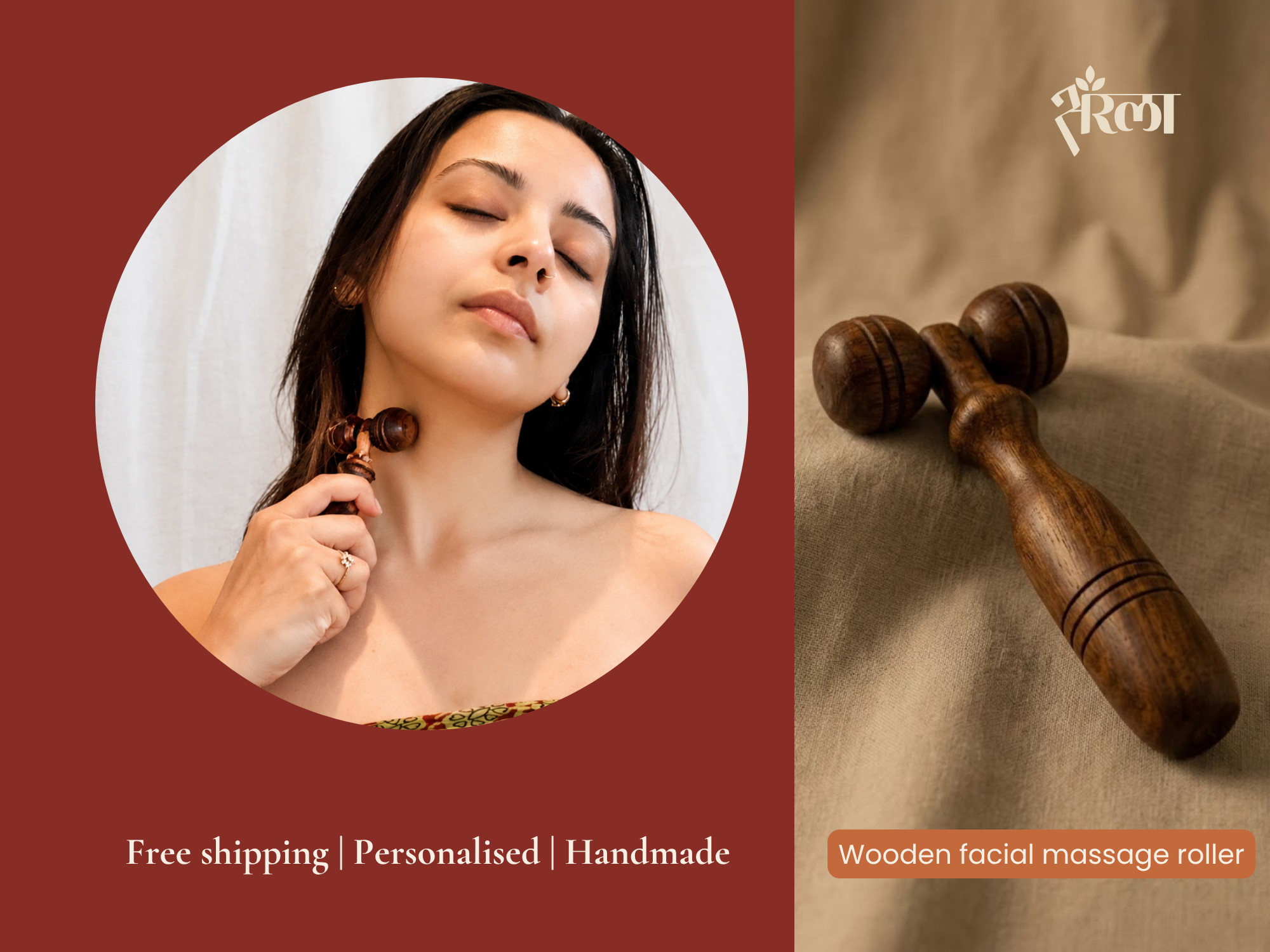 Wooden facial massage roller used on neck for relaxation, face sculpting, hand therapy, and foot relief. Shows multiple use cases and increases perceived product value.