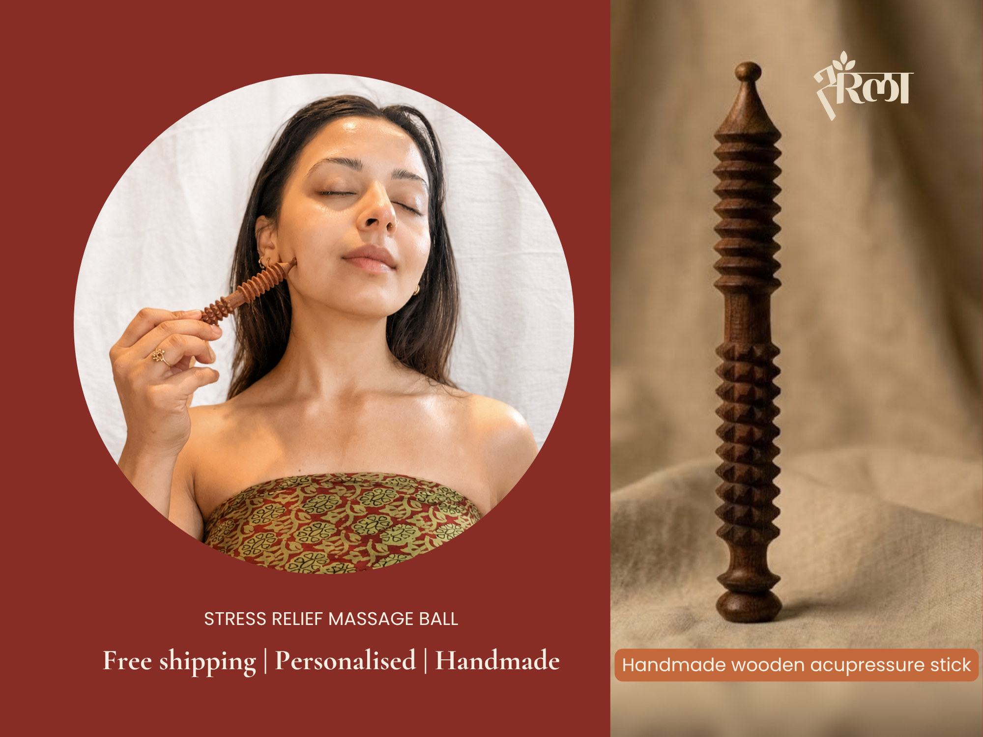 Wooden acupressure needle used on cheek for facial massage, stress relief, and daily self-care. Lifestyle image helps buyers imagine real use in a wellness routine.