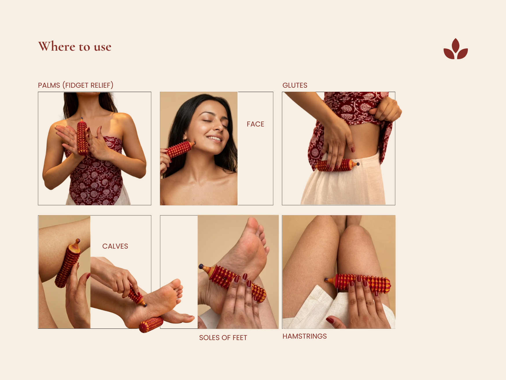 Guide showing where to use the porcupine acupressure roller on palms, face, glutes, calves, soles of feet and hamstrings.
