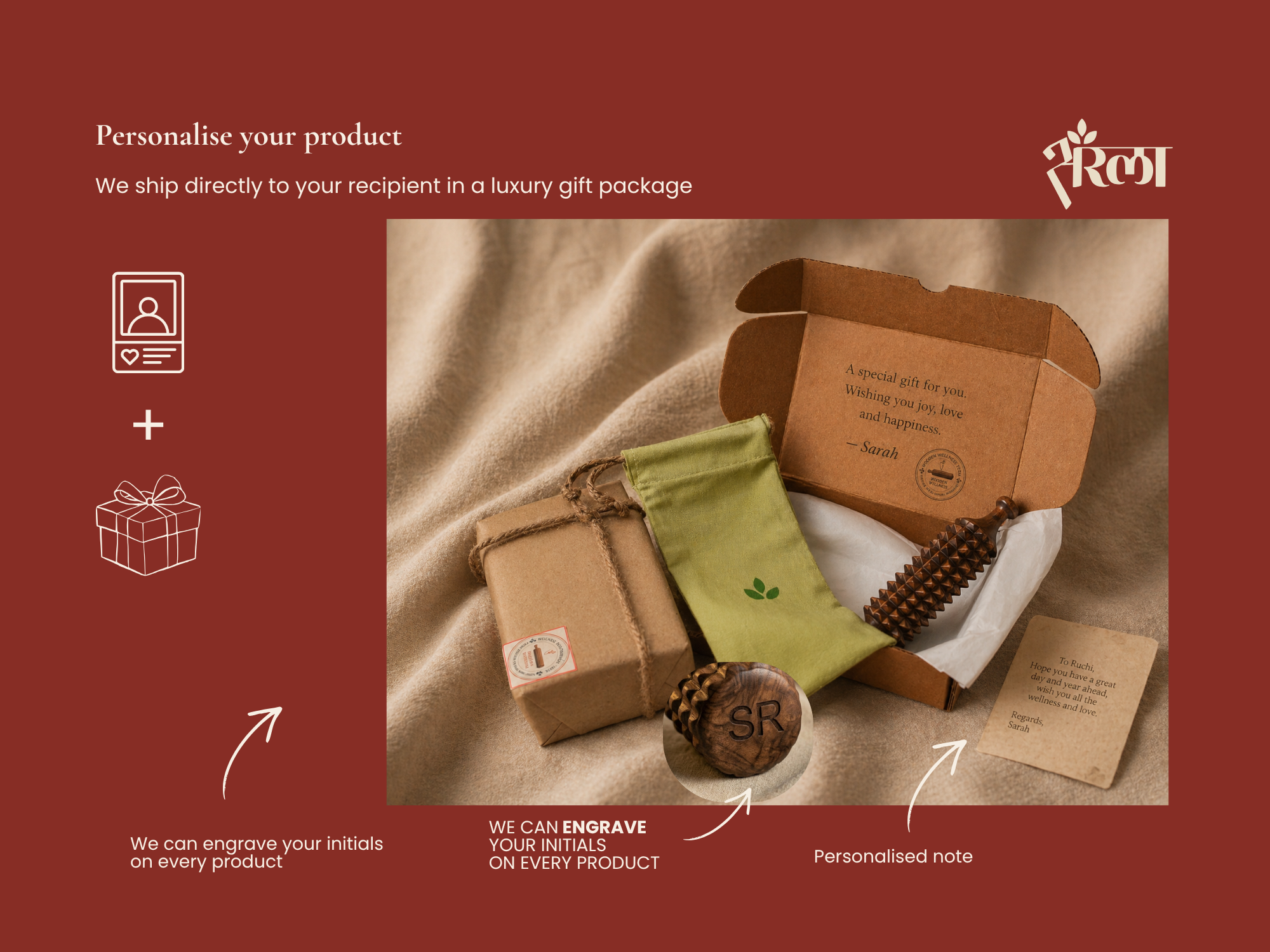 Personalized wooden porcupine massage roller with engraved initials, gift box and custom note option.