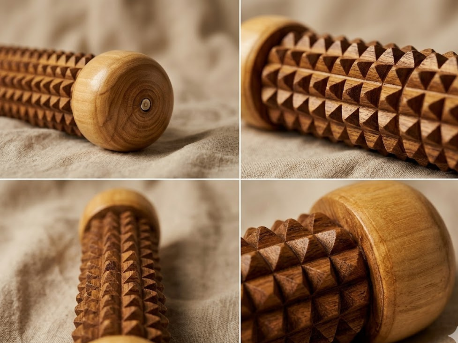Close-up of textured handmade wooden muscle recovery roller