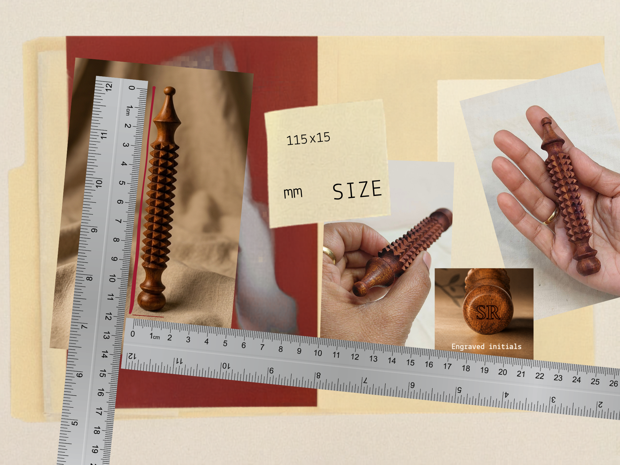 Small wooden face massage tool size guide showing compact 115 x 15 mm design for easy hand use. Reduces buyer doubt by clearly showing compact size and hand-held scale.