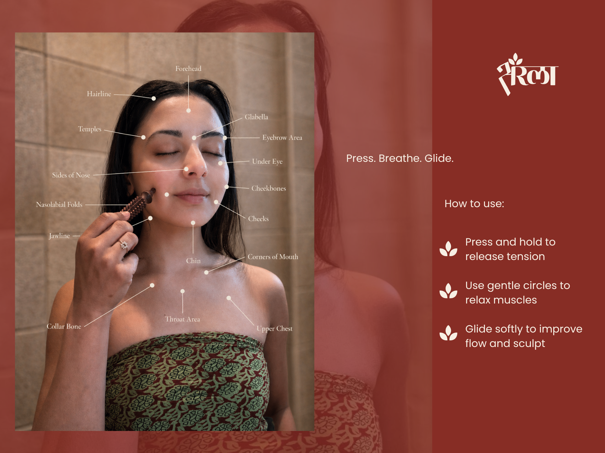 Wooden face massage tool shown with facial pressure points including jawline, cheeks, temples, and chin. Shows where to use the tool and improves buyer confidence.