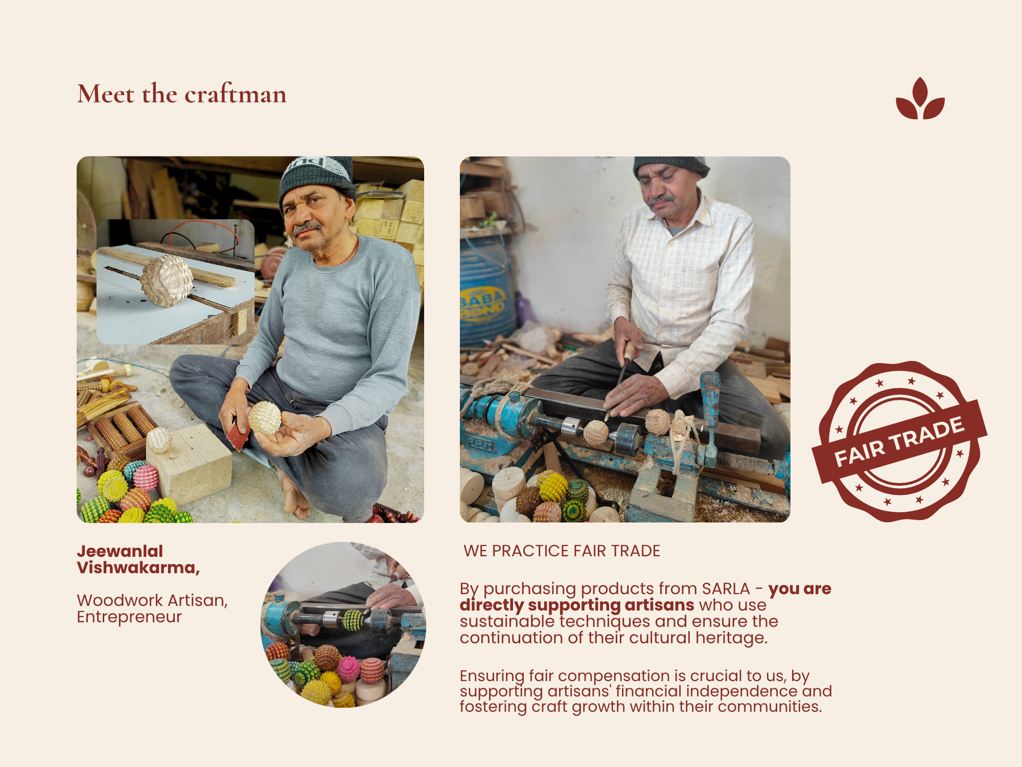 Artisan crafting handmade wooden reflexology balls using traditional woodworking techniques Handmade wooden wellness tool produced through fair trade artisan craftsmanship