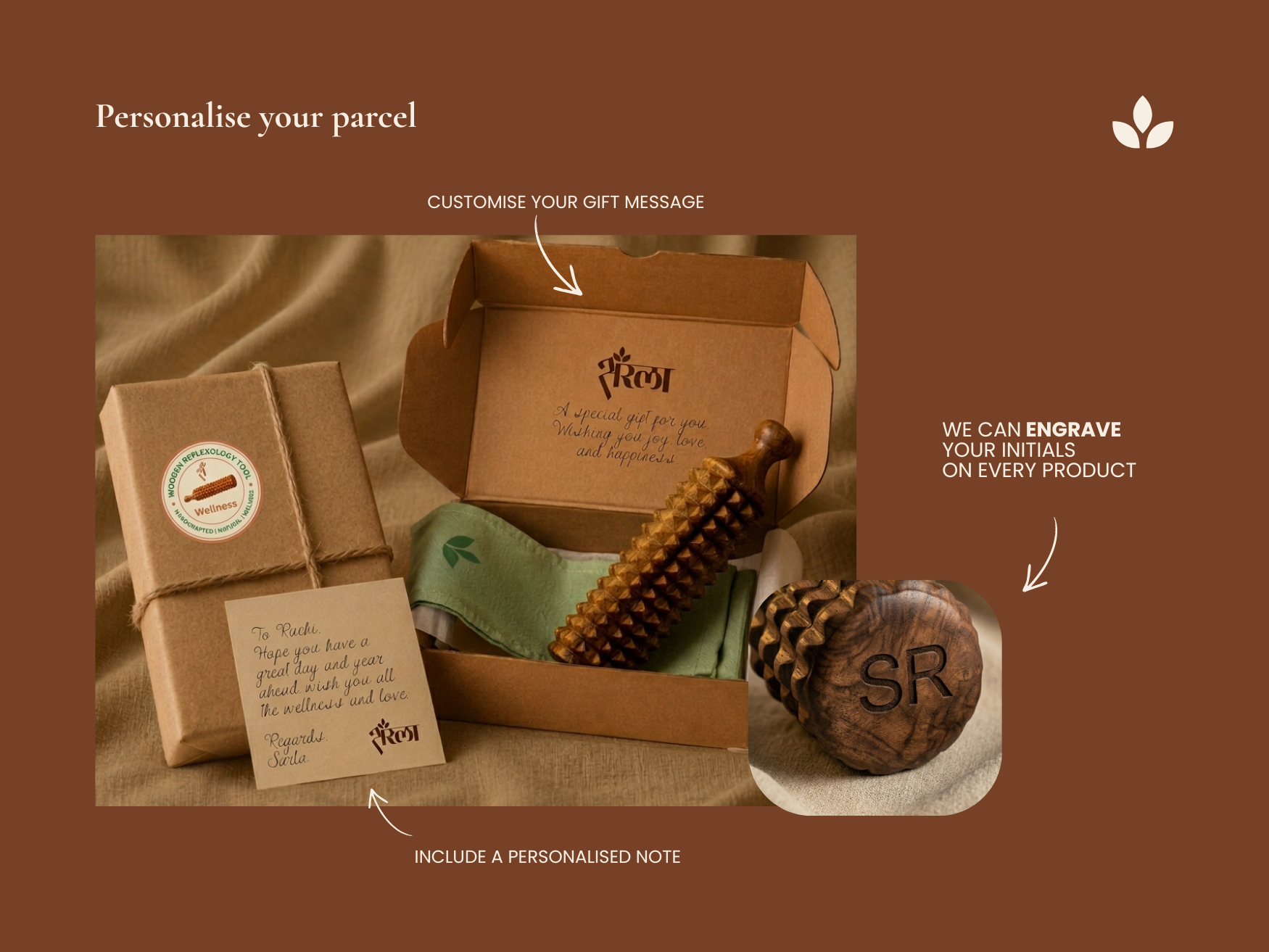 Personalised Porcupine massage roller parcel with custom note and initials engraving on wooden handle