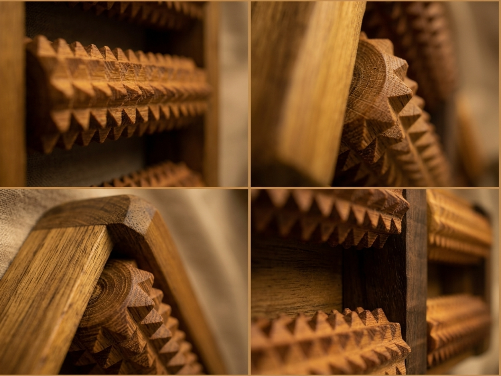 Close-up of carved wooden rollers on a handmade foot reflexology board showing natural wood grain and textured points.