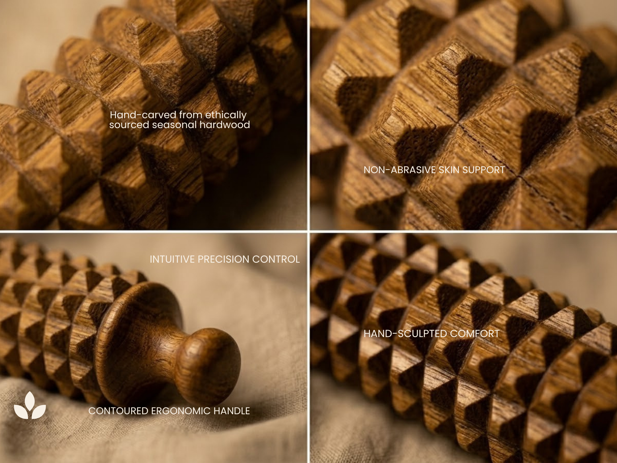 Close-up of hand carved wooden porcupine massage roller with textured acupressure points and natural grain.