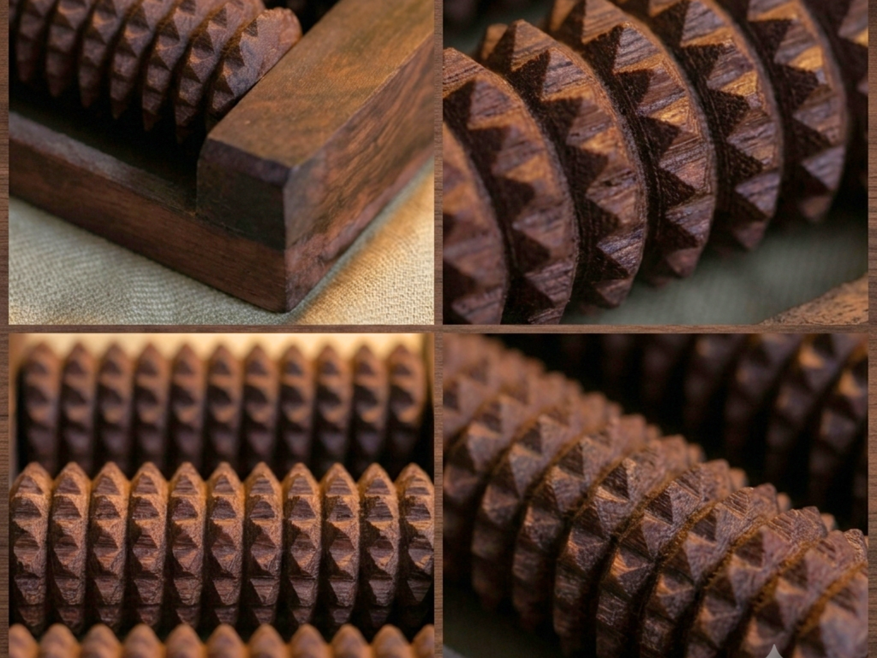 Close up of textured wooden rollers on foot reflexology massage tool