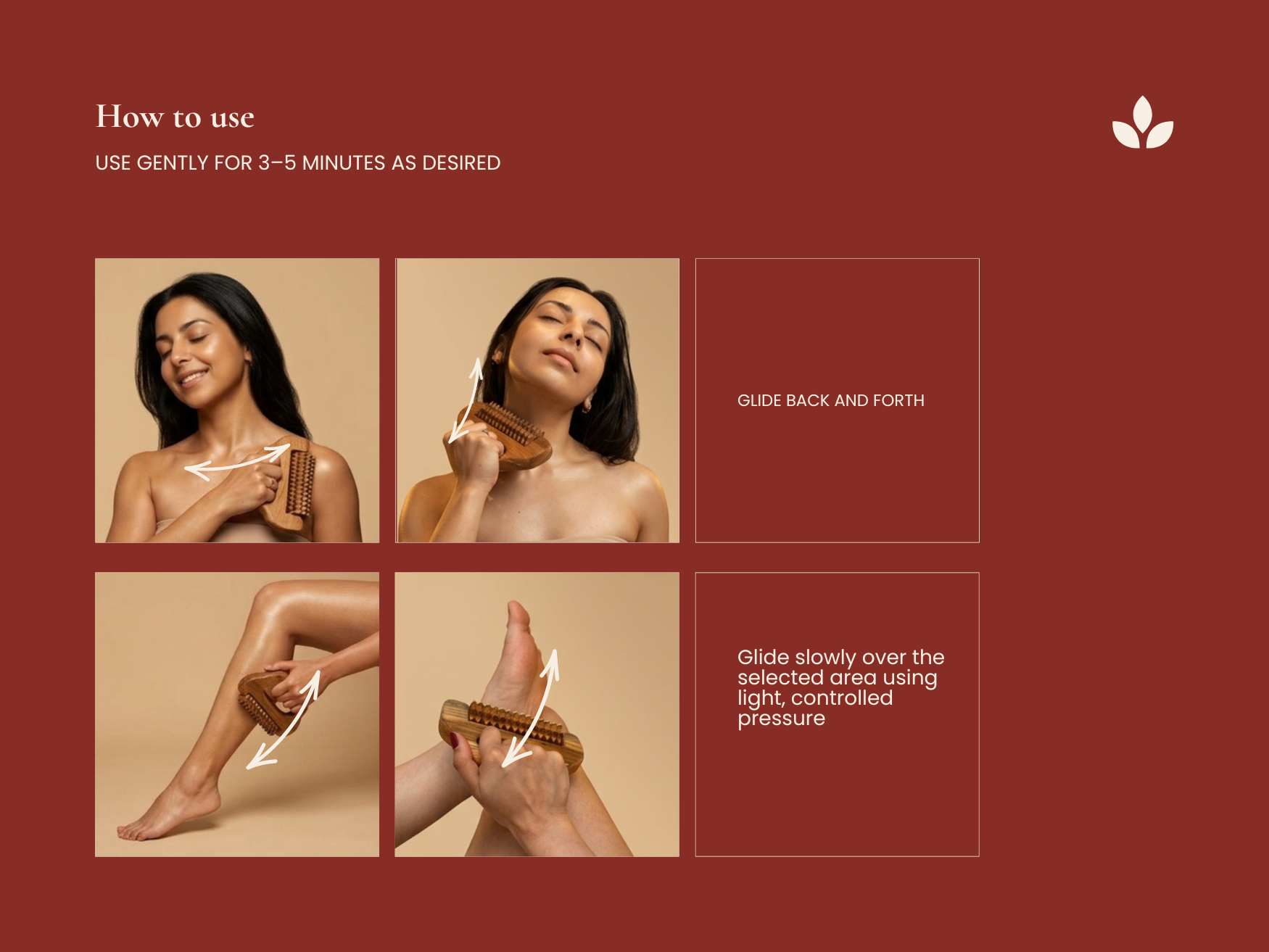 How to use wooden cellulite massage tool on neck, shoulder, leg and hand with slow back-and-forth movement