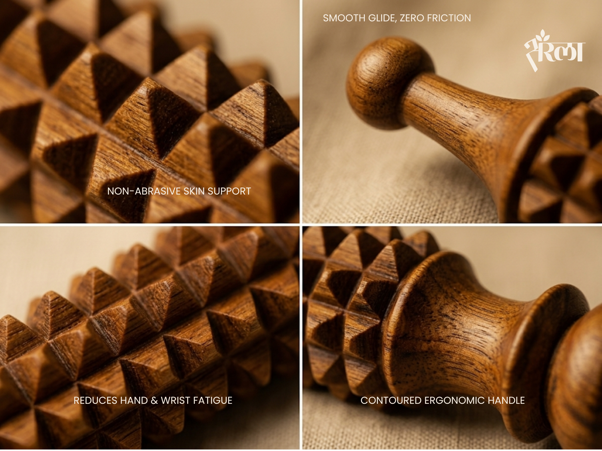 Close-up of small wooden face massage tool showing smooth handle, carved texture, and natural wood grain. Highlights premium finish, smooth glide, and non-abrasive skin support.