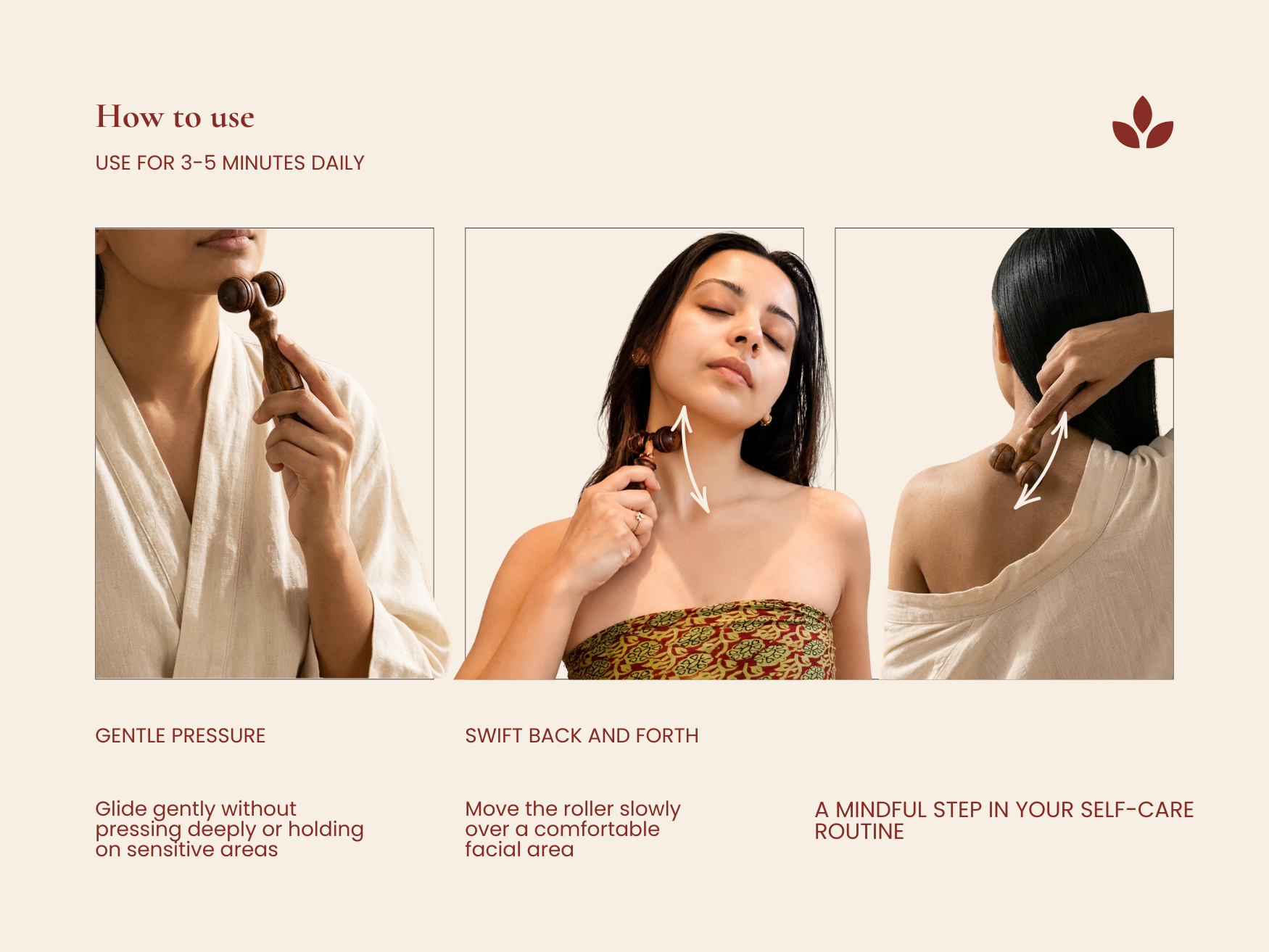 How to use a wooden facial massage roller with gentle pressure on jawline, neck and shoulders for 3 to 5 minutes
