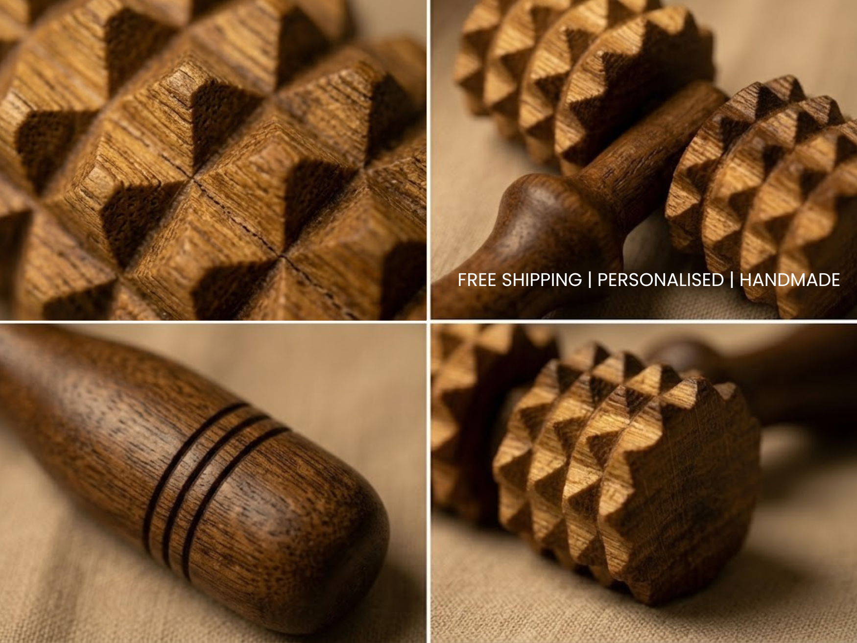 Close up of textured wooden deep tissue massage roller showing handcrafted spikes and natural wood grain.