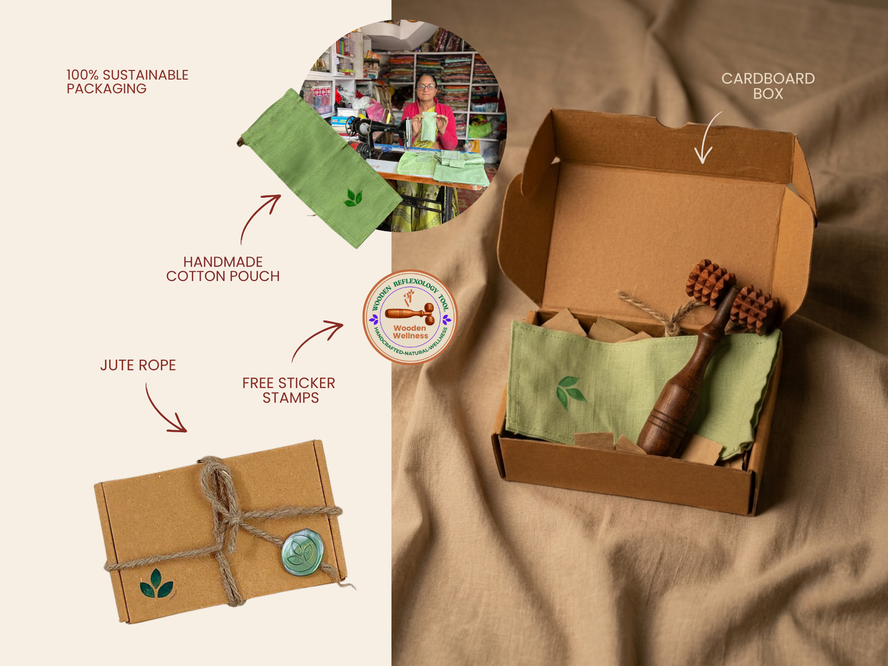 Sustainable packaging setup for wooden deep tissue massage roller with cotton pouch, jute rope, box and artisan-made pouch.