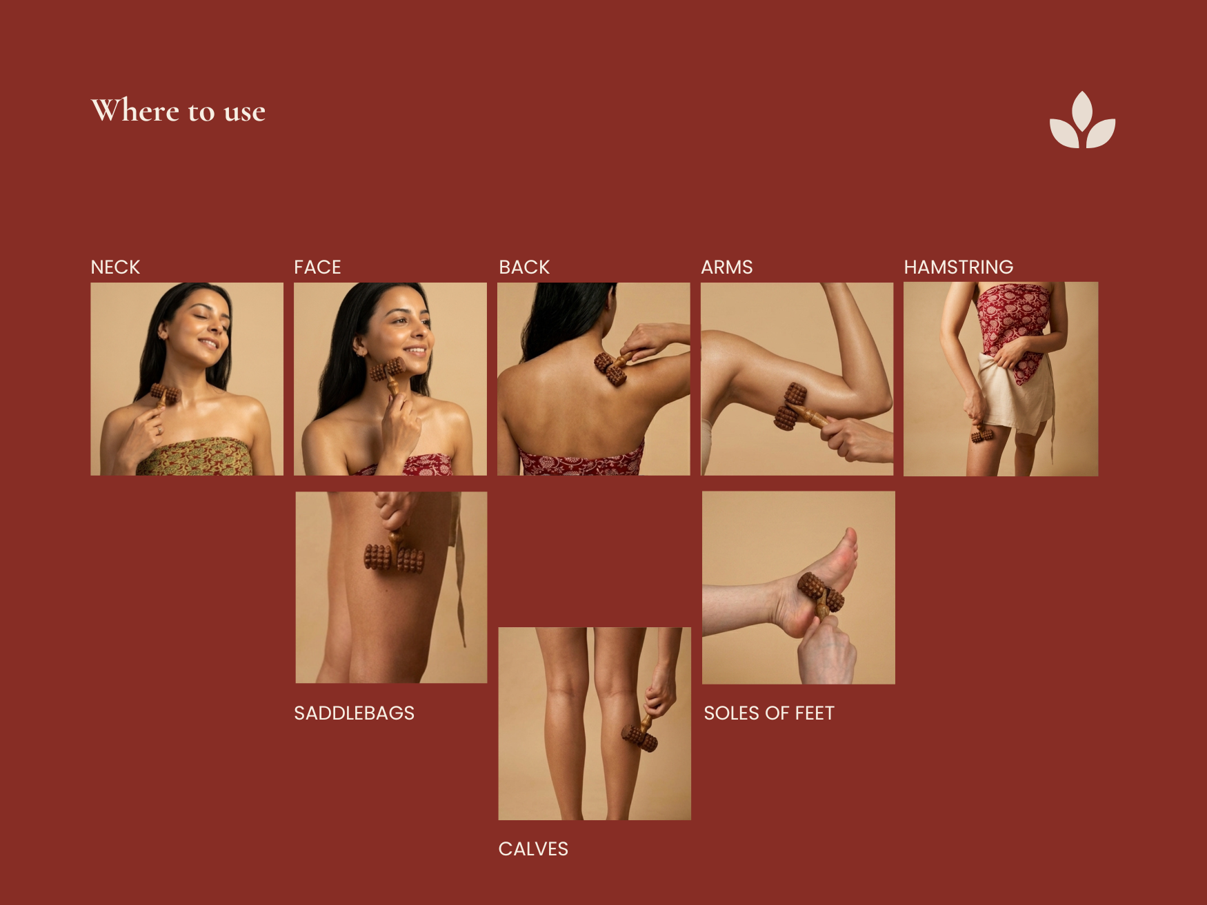Wooden deep tissue massage roller shown for neck, face, back, arms, hamstrings, calves and soles of feet.