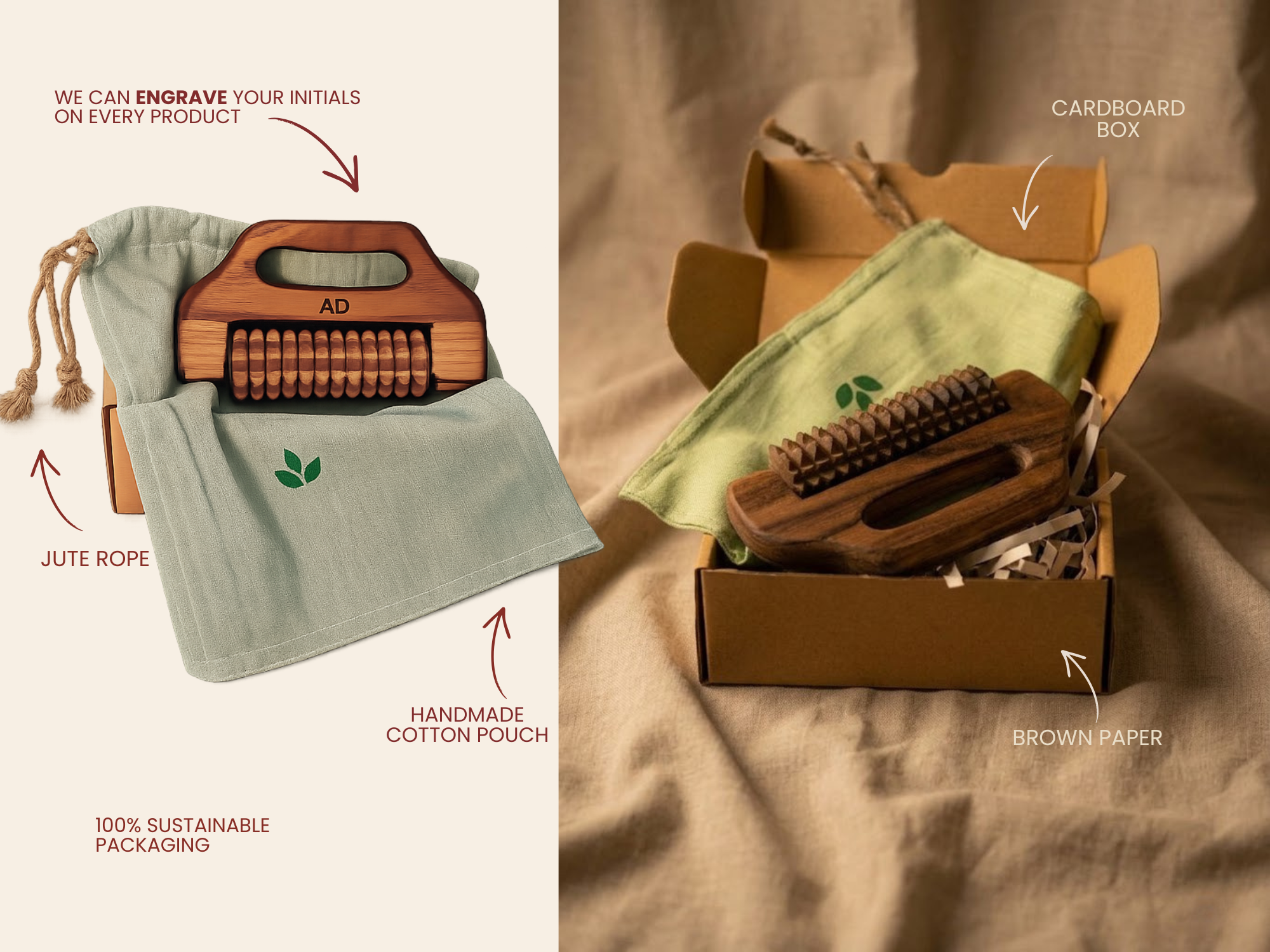 Wooden massage tool with handmade cotton pouch, jute rope, cardboard box and sustainable gift packaging. Sustainable gift packaging with cotton pouch, cardboard box and personalized wooden massager.