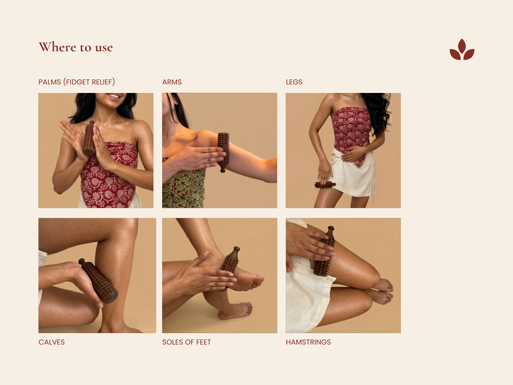 Where to use Porcupine massage roller on palms, arms, legs, calves, soles of feet and hamstrings