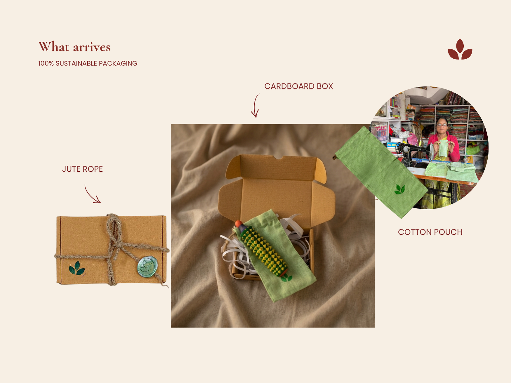 Sustainable packaging for a handmade porcupine acupressure roller with cardboard box, jute rope and cotton pouch.