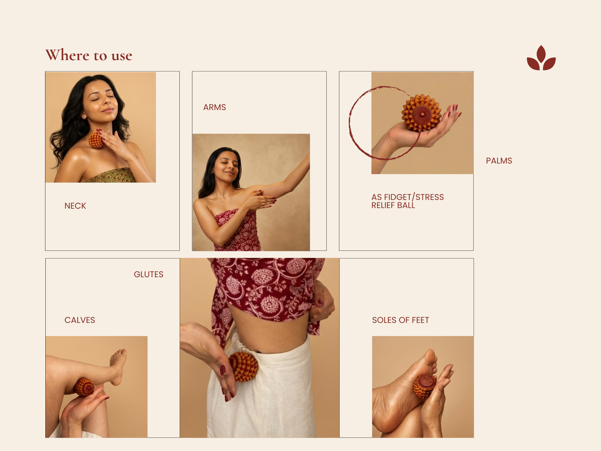 Wooden reflexology ball used on neck, arms, calves, feet and pressure points Demonstrates multiple body areas where the wooden reflexology ball can be used