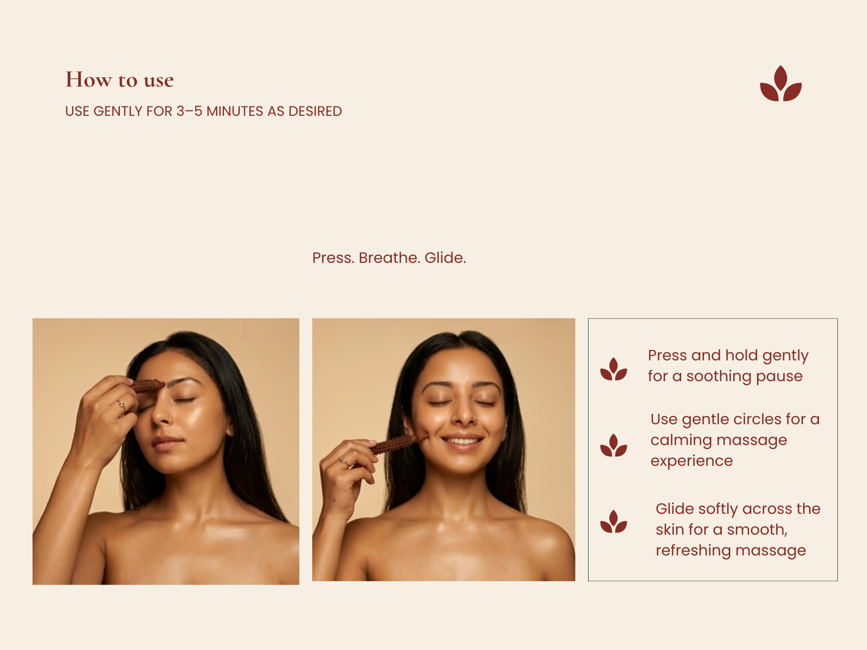 Woman demonstrating how to use wooden facial acupressure tool on forehead and cheek for gentle face massage