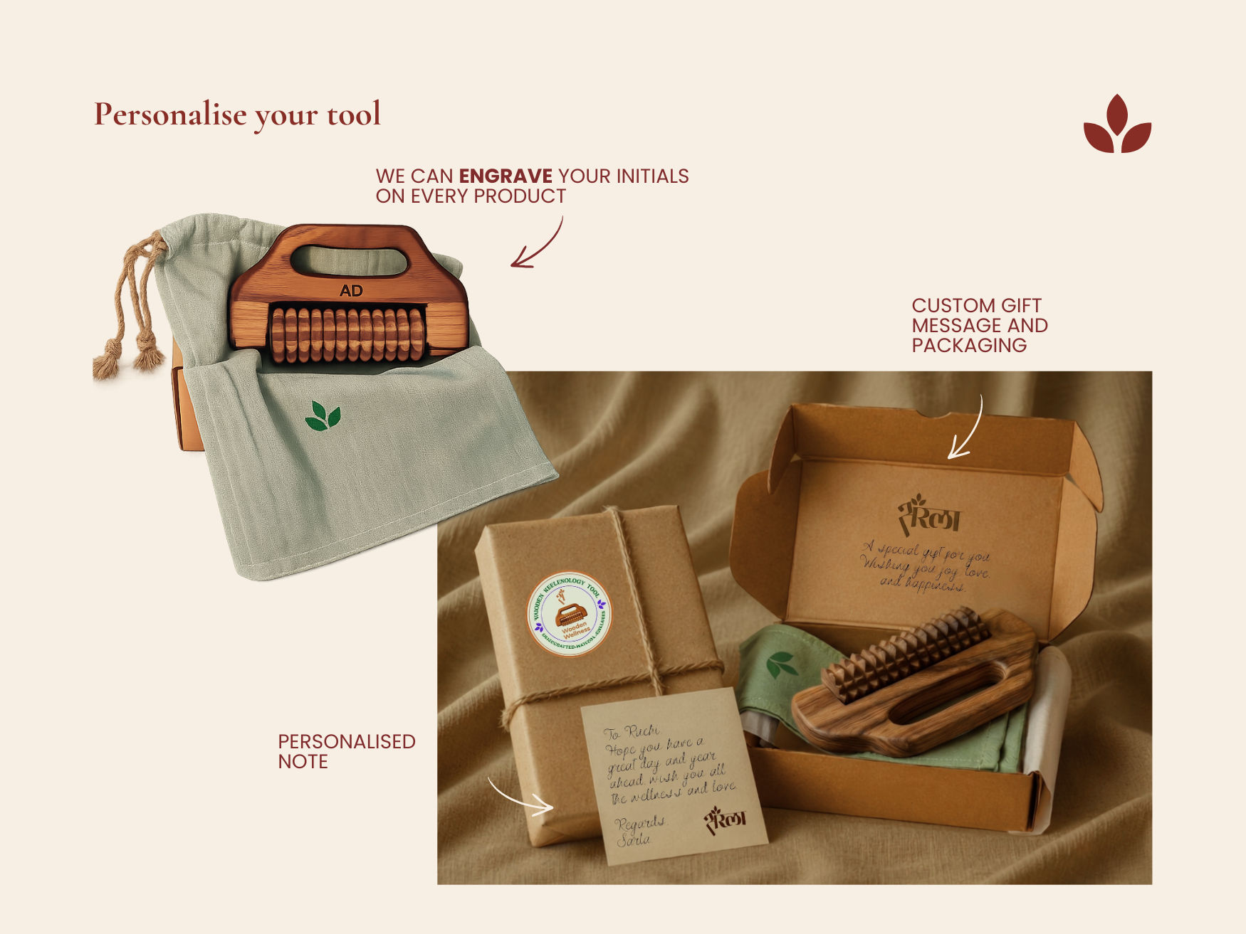 Personalised wooden cellulite massage tool with engraved initials, gift message and sustainable packaging