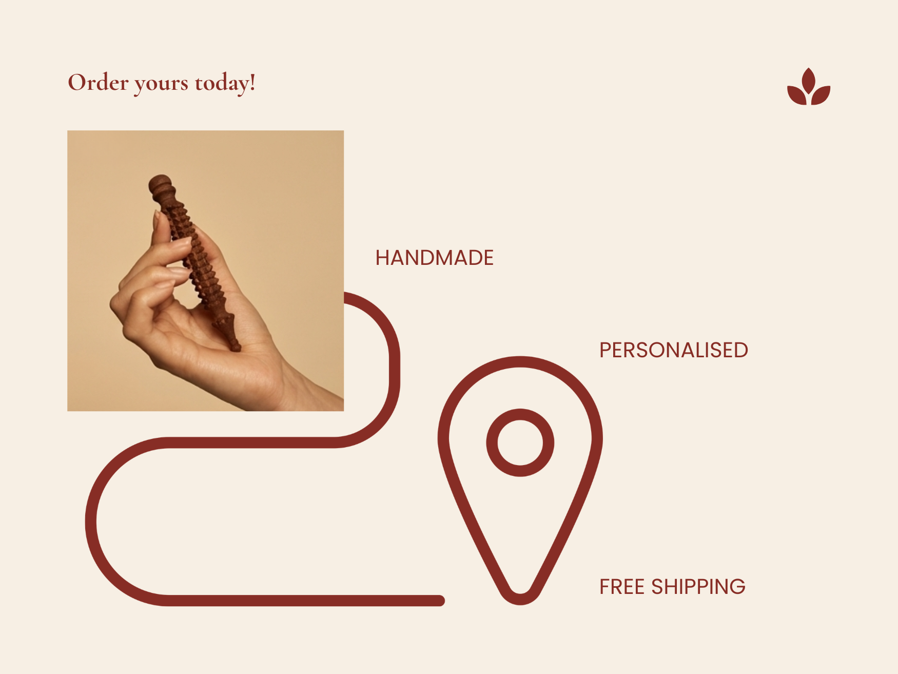 Handmade wooden facial acupressure tool held in one hand with text highlighting handmade, personalised, and free shipping