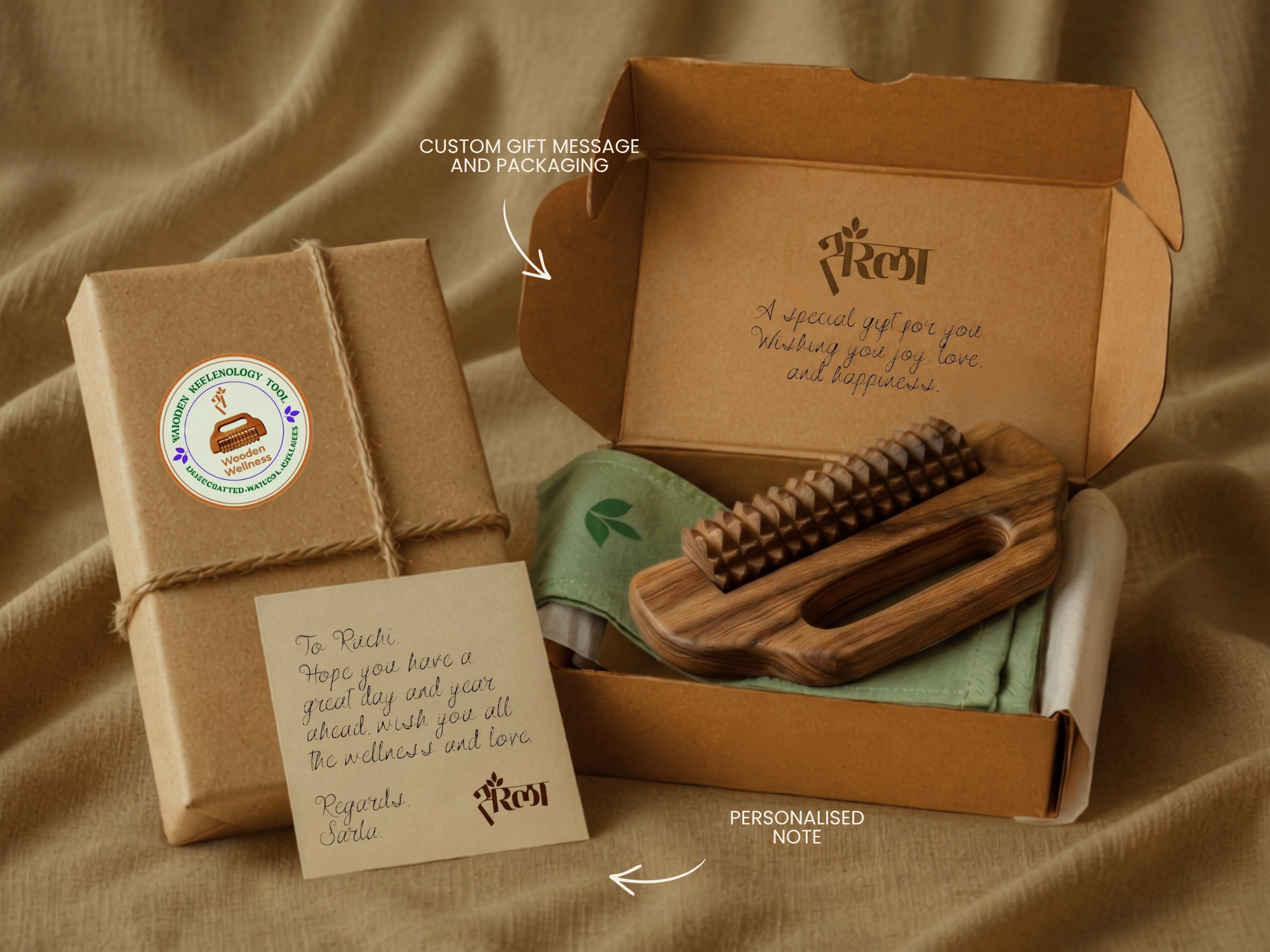 Wooden massager gift set in box with custom note, cotton pouch and personalized wellness packaging. Premium gift-ready packaging with custom message, SARLA branding and handmade wooden tool.