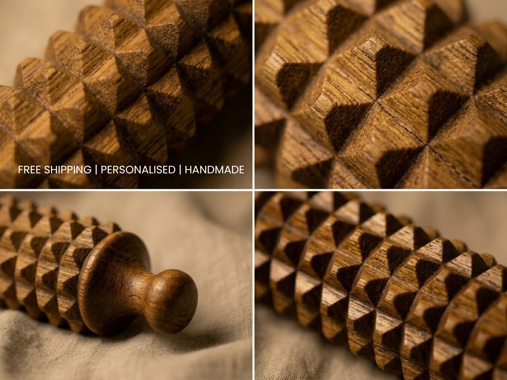 Macro close up of the textured wooden spikes on a handmade porcupine massage roller