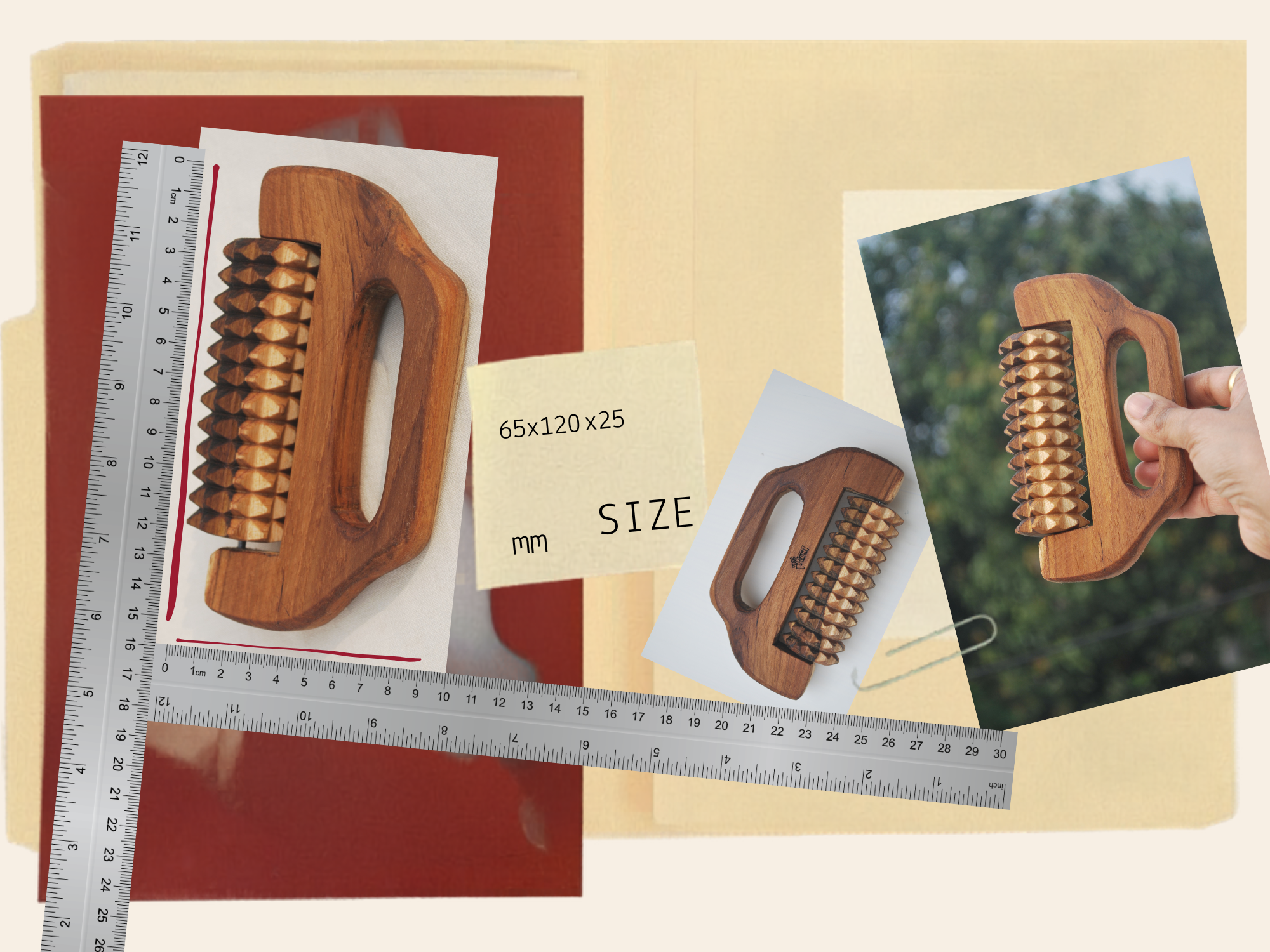 Wooden cellulite massage tool size shown as 65 x 120 x 25 mm with ruler and handheld product photos. Size reference slide showing compact handheld wooden massager dimensions in millimeters.