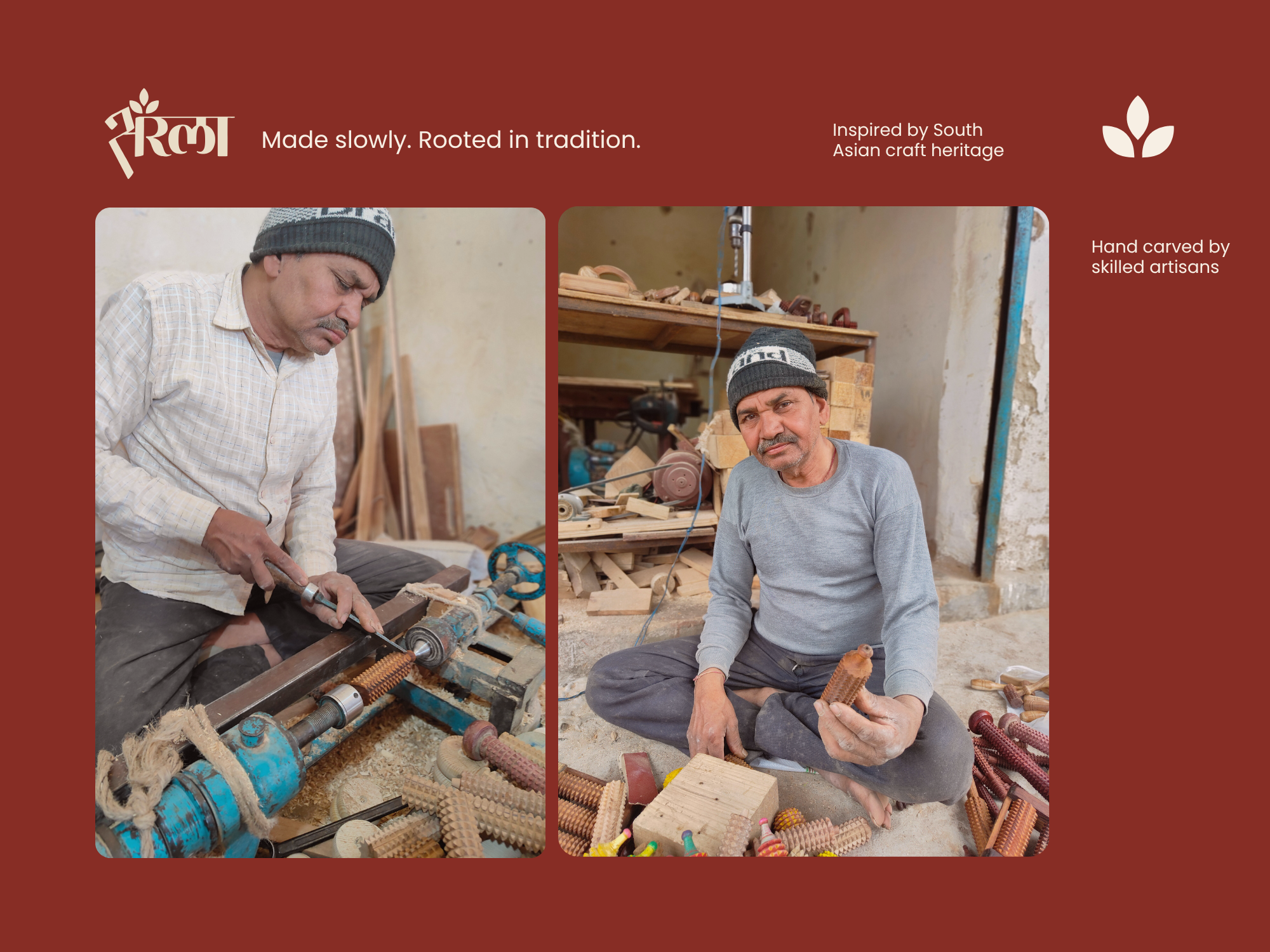 Artisan hand carving a wooden porcupine massage roller in a traditional workshop for handmade wellness rituals.