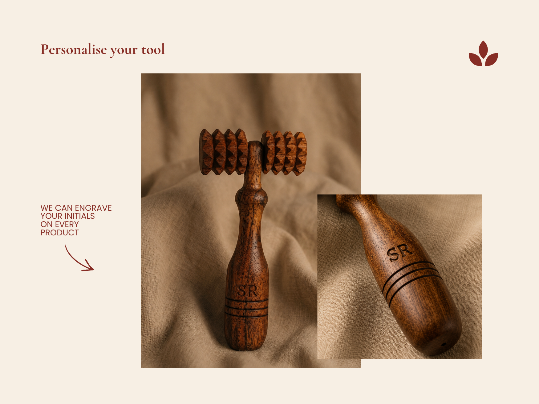 Personalised wooden deep tissue massage roller with engraved initials on natural wooden handle.