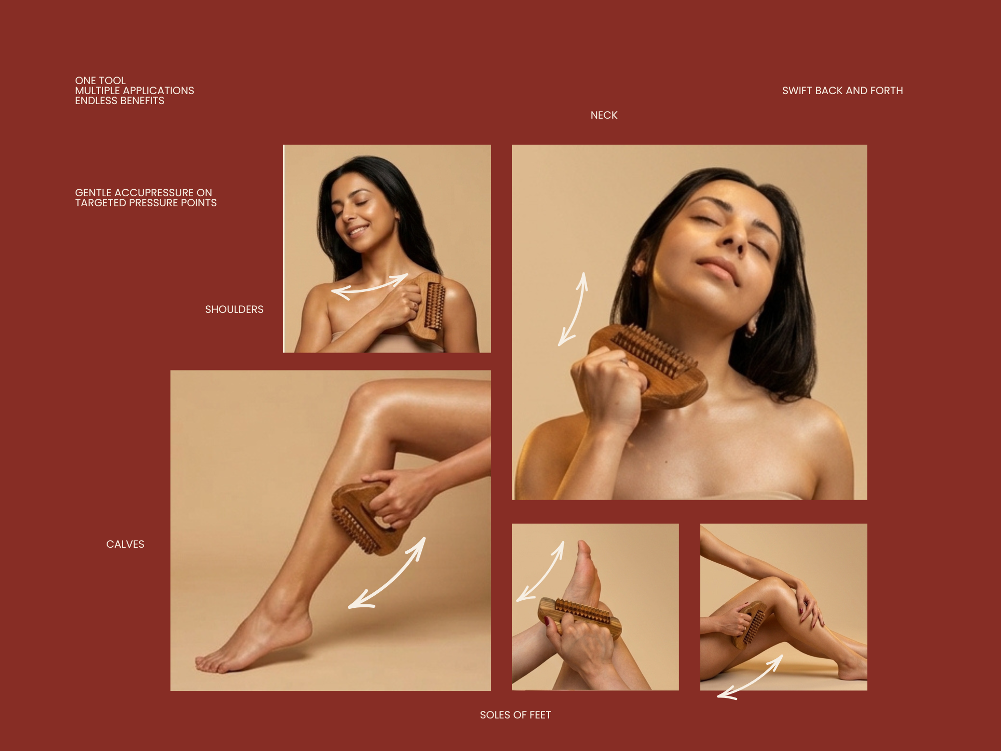 Wooden fascia massage roller shown on shoulders, neck, calves and soles for gentle back and forth use. Instructional slide showing how to use the wooden massage roller across body pressure points.