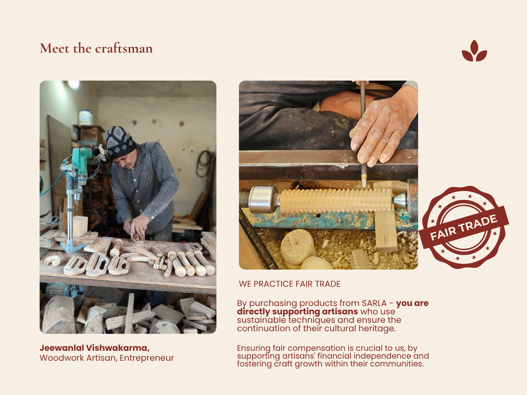 Artisan making wooden wellness tools with fair trade message for handmade cellulite massage tool