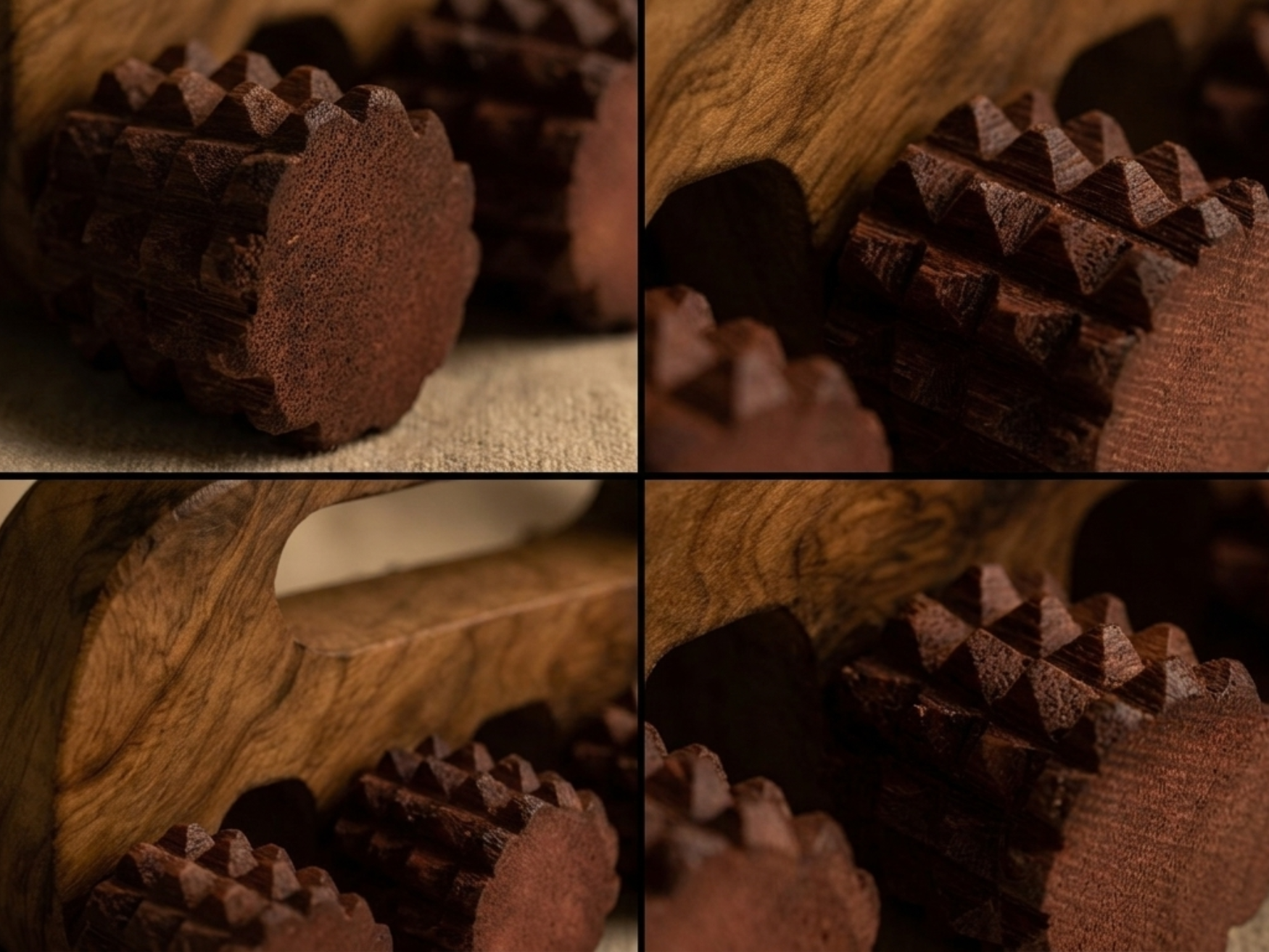Close up of textured wooden rollers on a handheld deep tissue massage tool