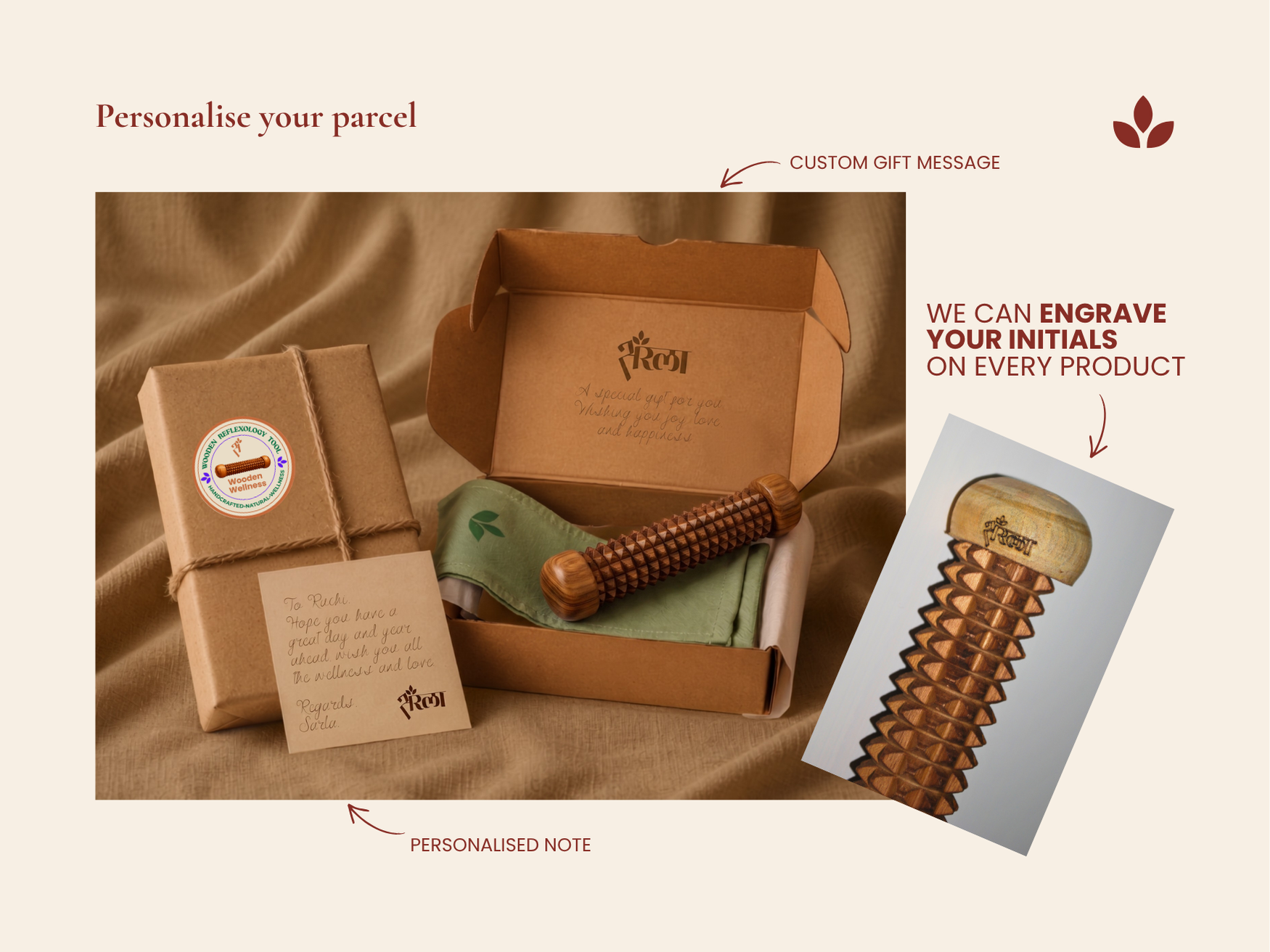 Personalised wooden muscle recovery roller with engraved initials and gift note