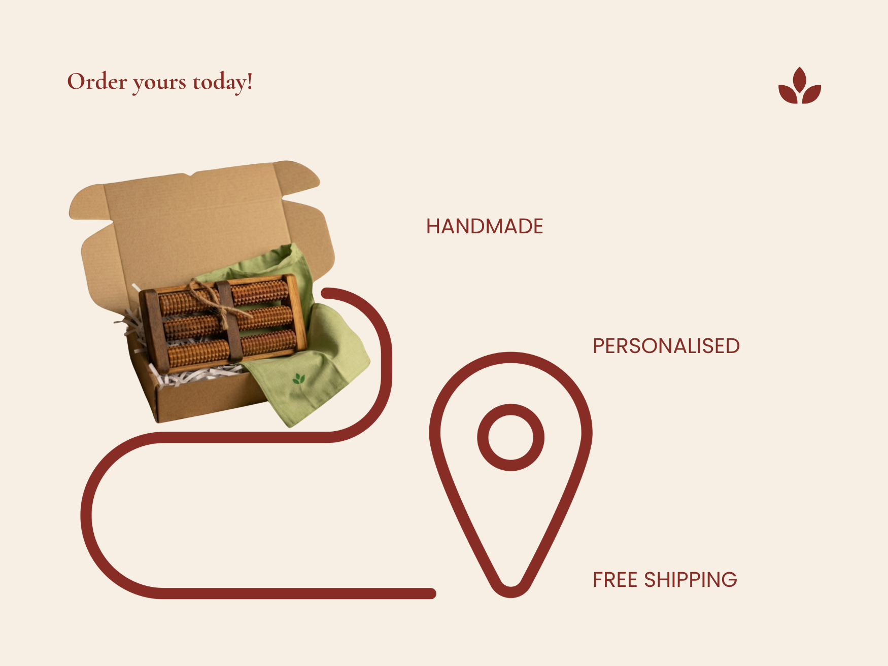 Wooden foot reflexology board inside sustainable packaging with cotton pouch and free shipping graphic.