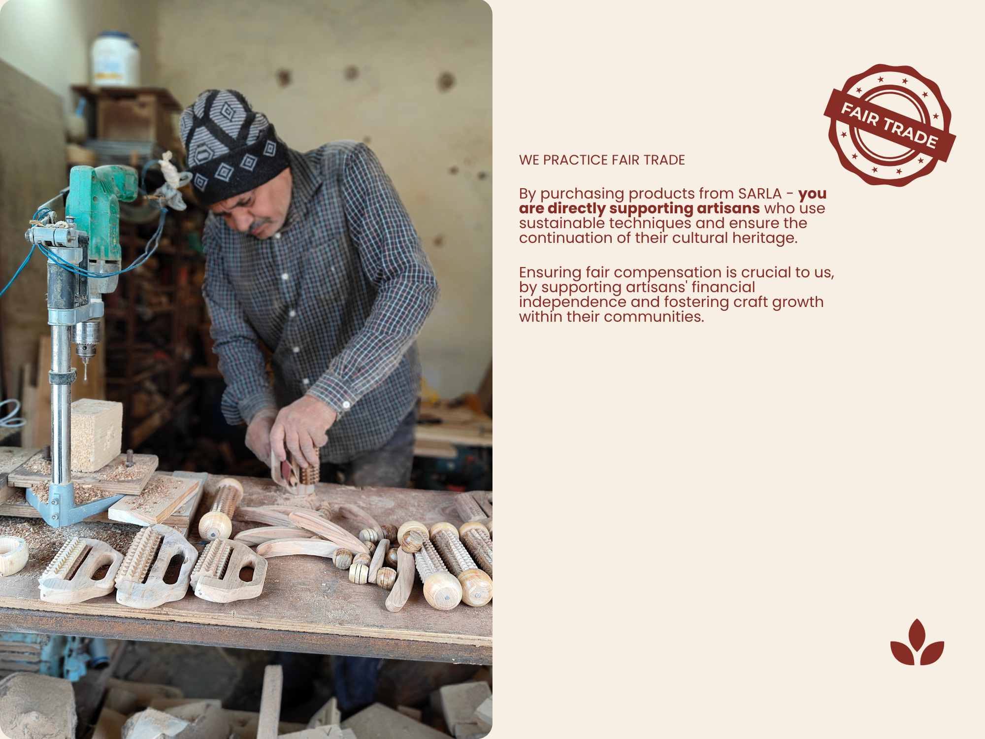 Artisan crafting wooden wellness tools in workshop, supporting fair trade and sustainable handmade production. Brand trust slide showing handmade artisan production and fair trade sourcing values.