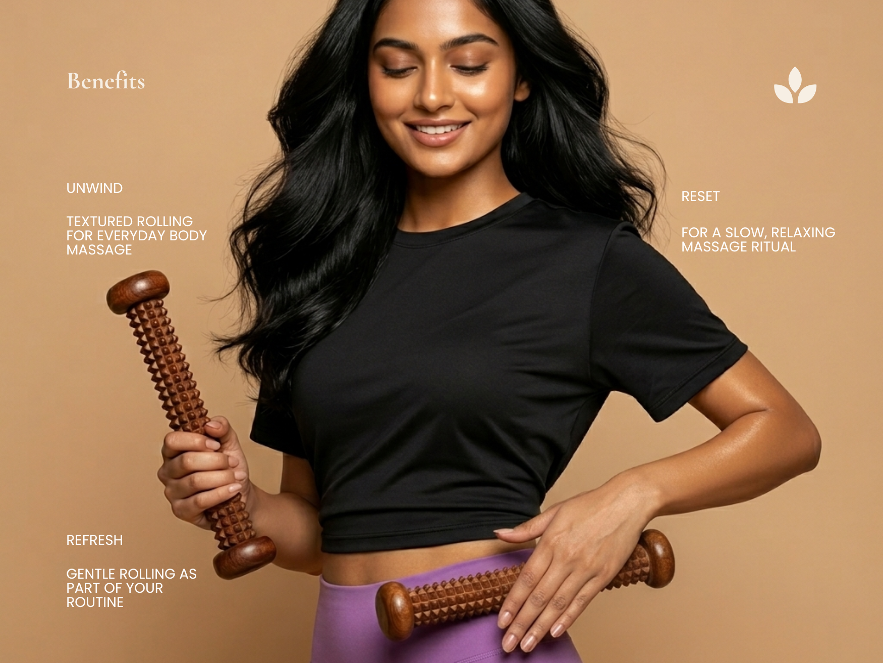 Handmade wooden recovery roller used on body for muscle tension relief, relaxation and circulation support