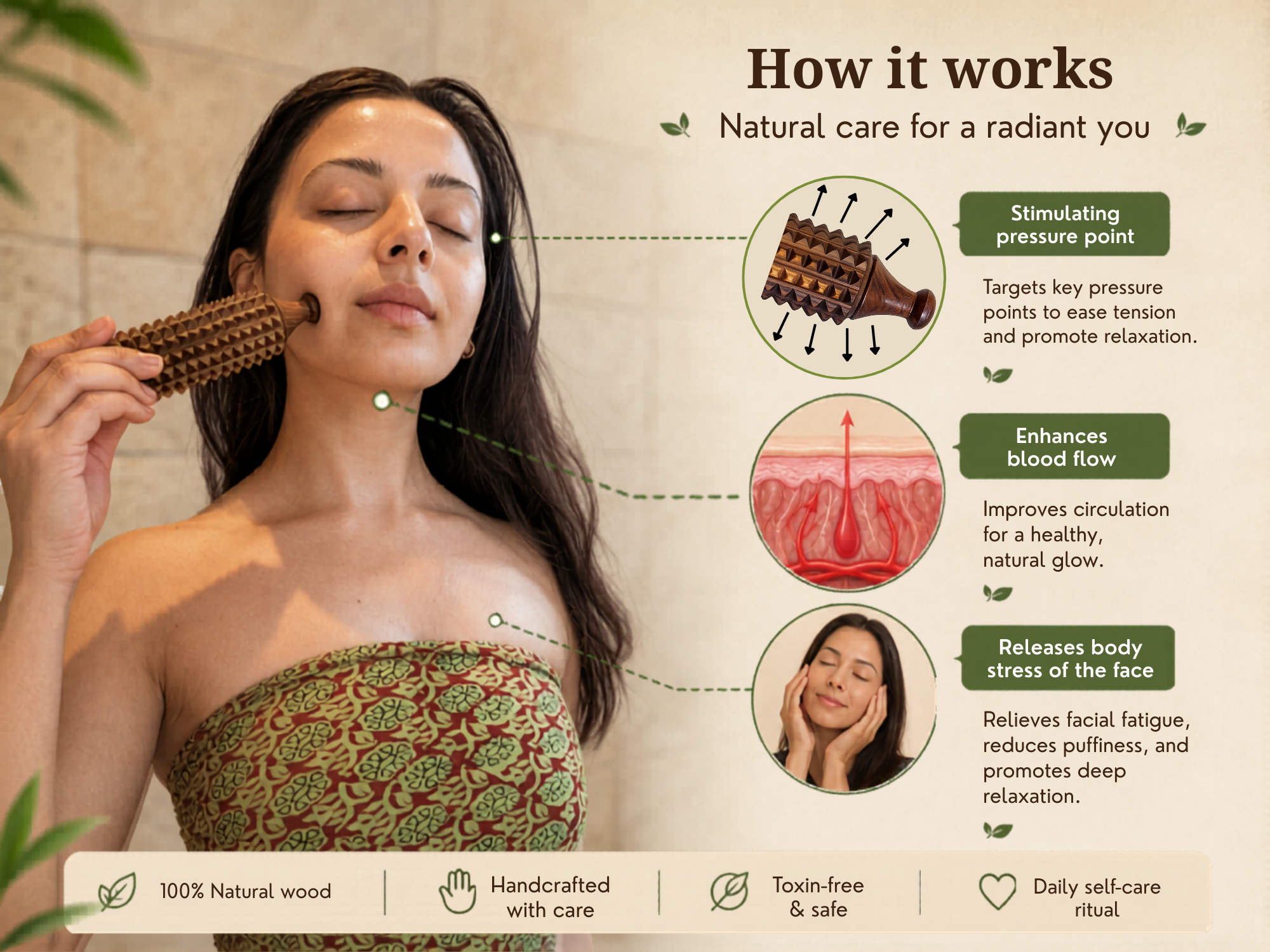 Porcupine massage roller used on the face to stimulate pressure points and support natural blood flow.