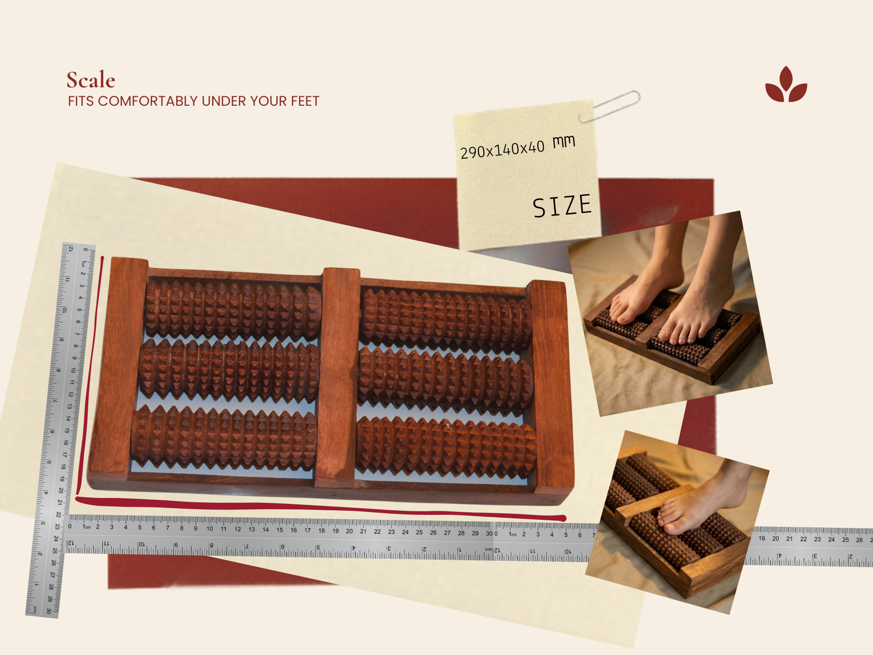 Size guide for wooden foot reflexology board showing dimensions and scale under the feet.