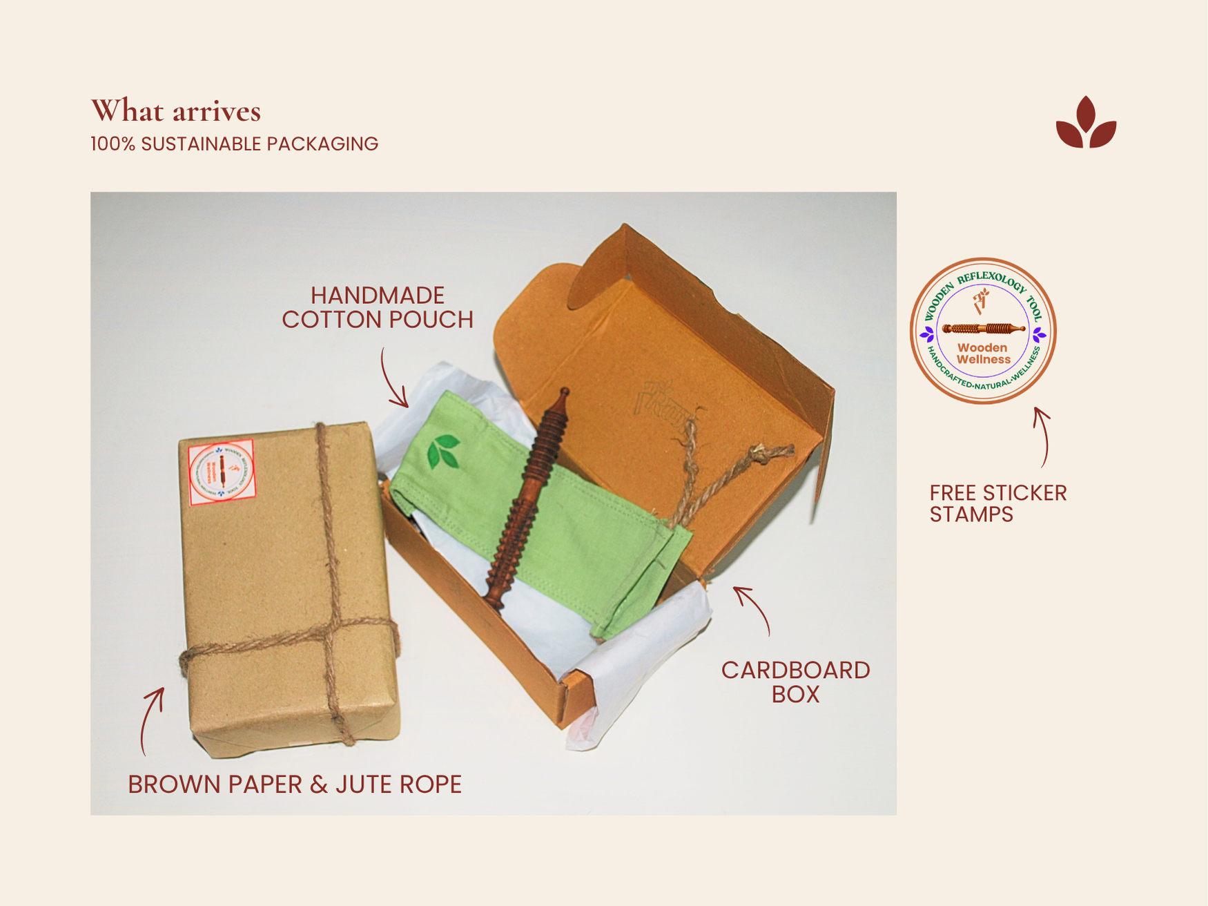 Wooden acupressure massage tool with sustainable packaging, cotton pouch, cardboard box and sticker.